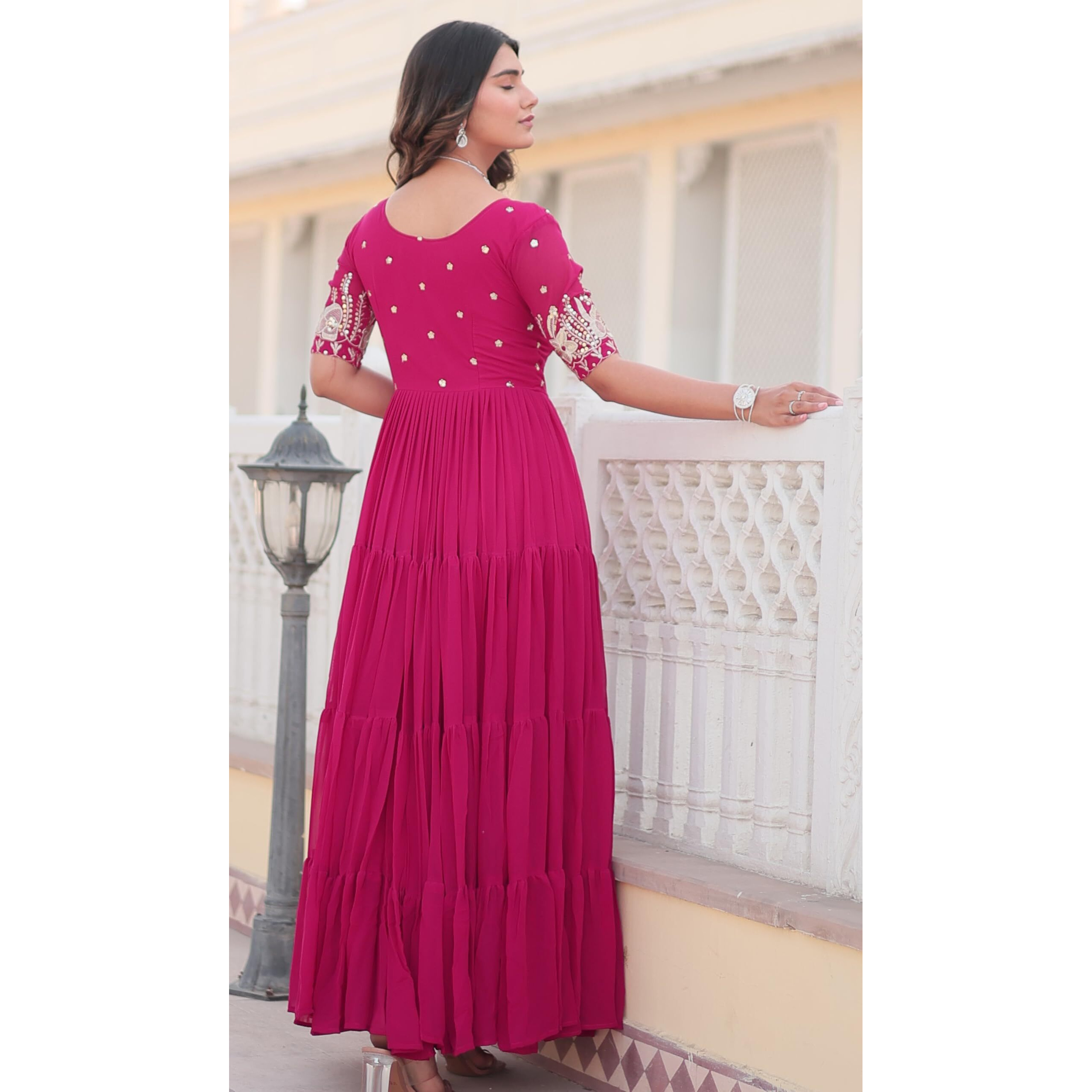 Wedani Georgette Embroidery Zari Sequins-Work Anarkali Kurta Set for Women (in, Alpha, M, Regular, Pink)