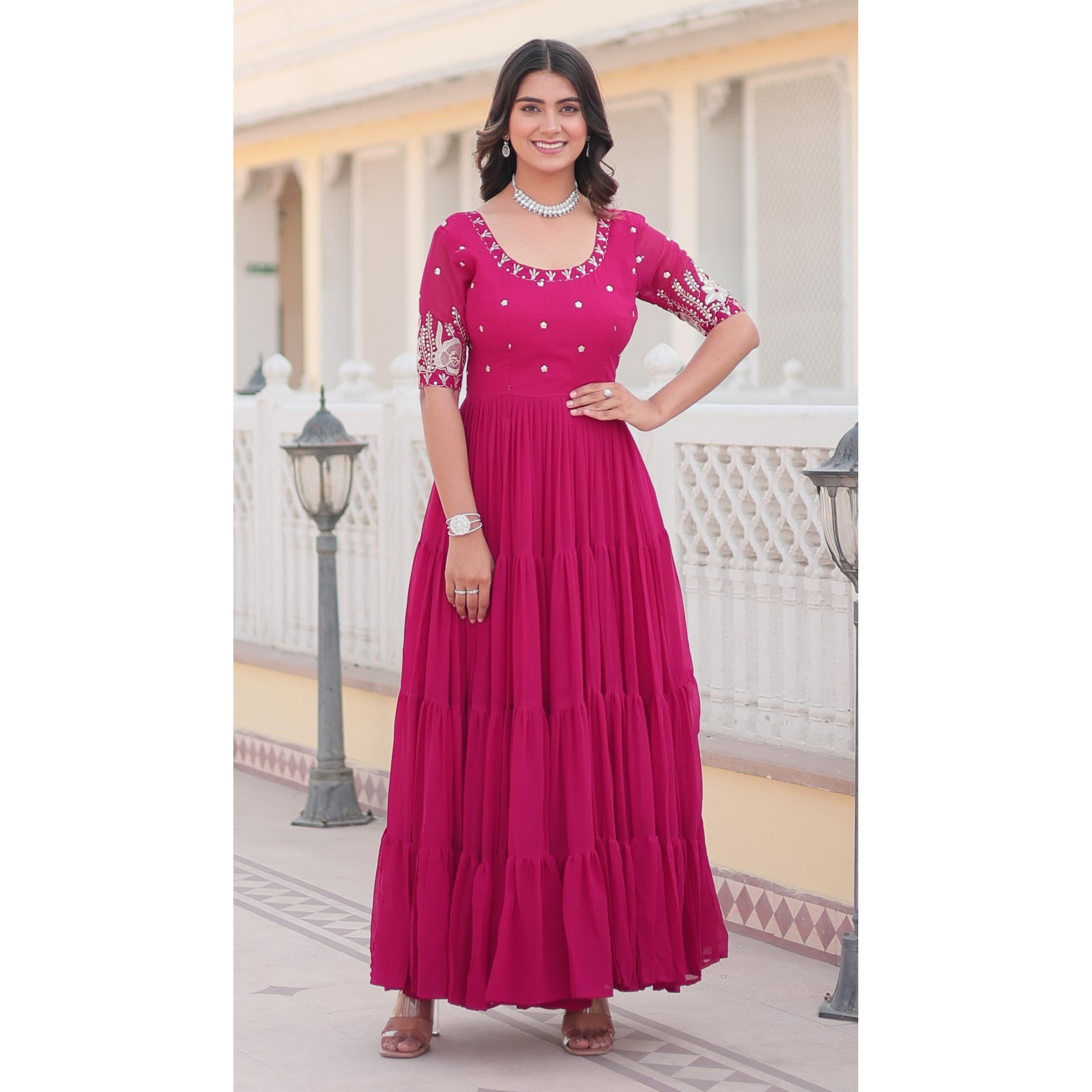 Wedani Georgette Embroidery Zari Sequins-Work Anarkali Kurta Set for Women (in, Alpha, M, Regular, Pink)