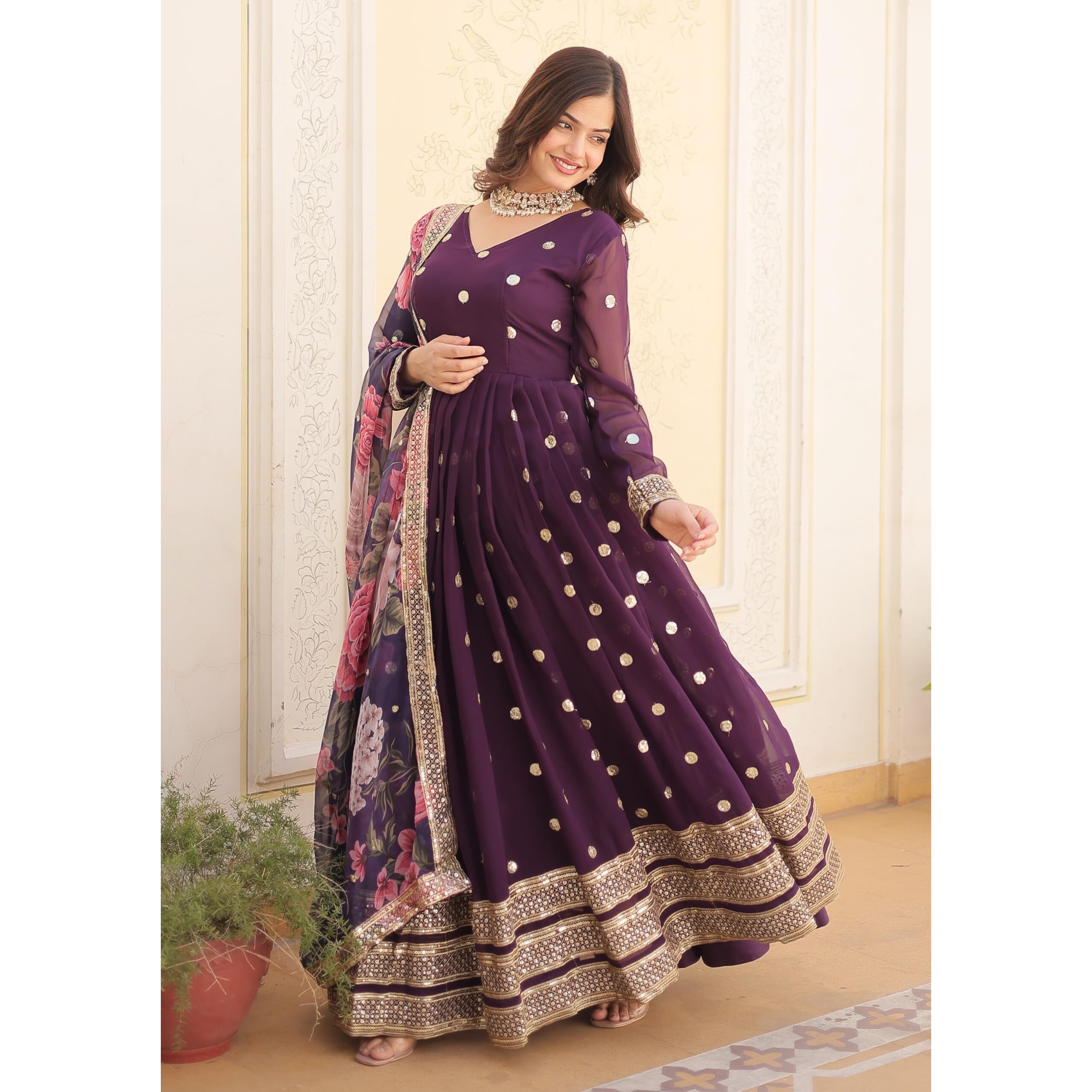 Wedani Faux Georgette Embroidered Sequins Anarkali Kurta Set for Women (in, Alpha, 2XL, Regular, Purple)