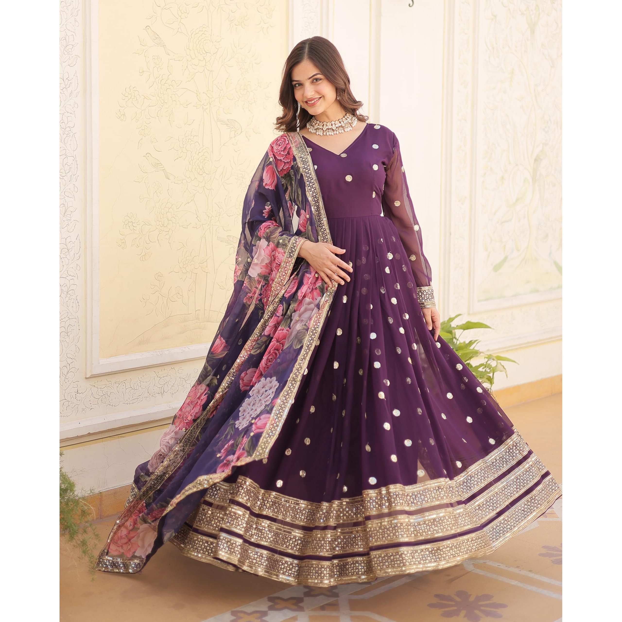 Wedani Faux Georgette Embroidered Sequins Anarkali Kurta Set for Women (in, Alpha, 2XL, Regular, Purple)
