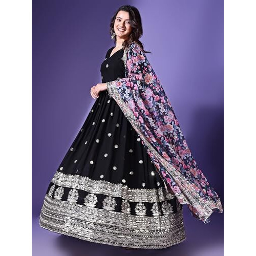 Wedani Georgette Embroidered Anarkali Dress for Women Black