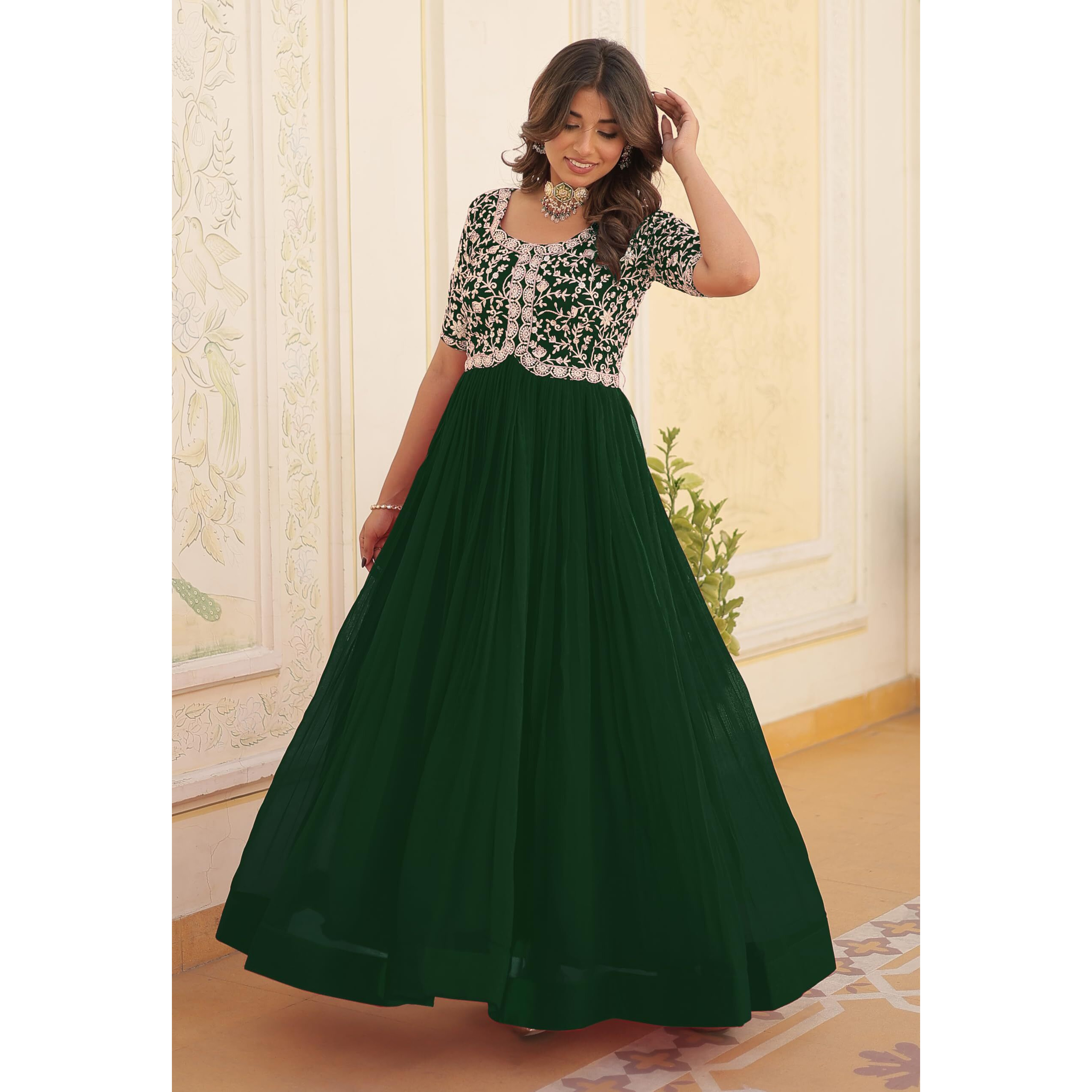 Wedani Georgette Embroidered Long Gown for Women Green