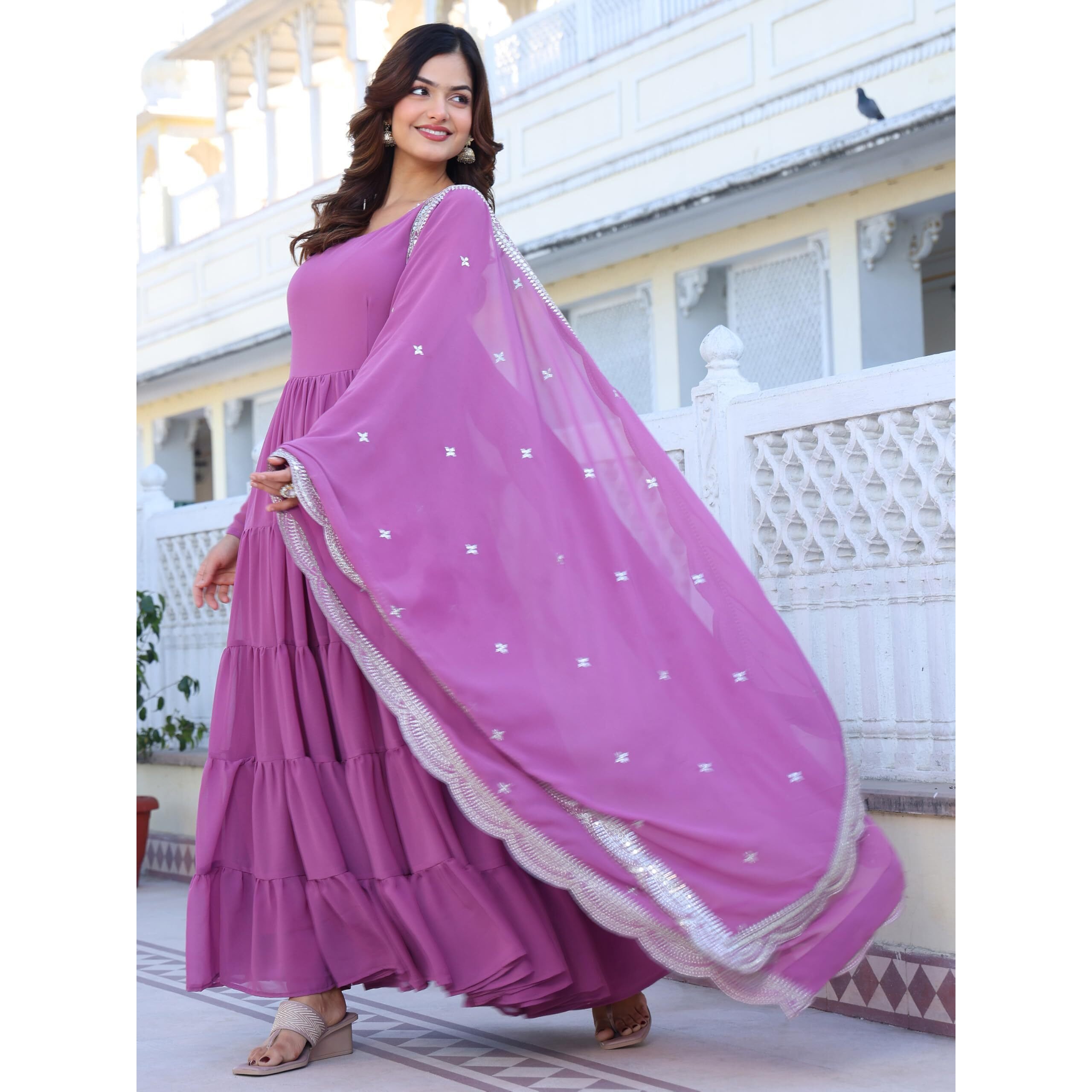 Wedani Georgette Sequins Work Anarkali Kurta Set for Women Light Purple