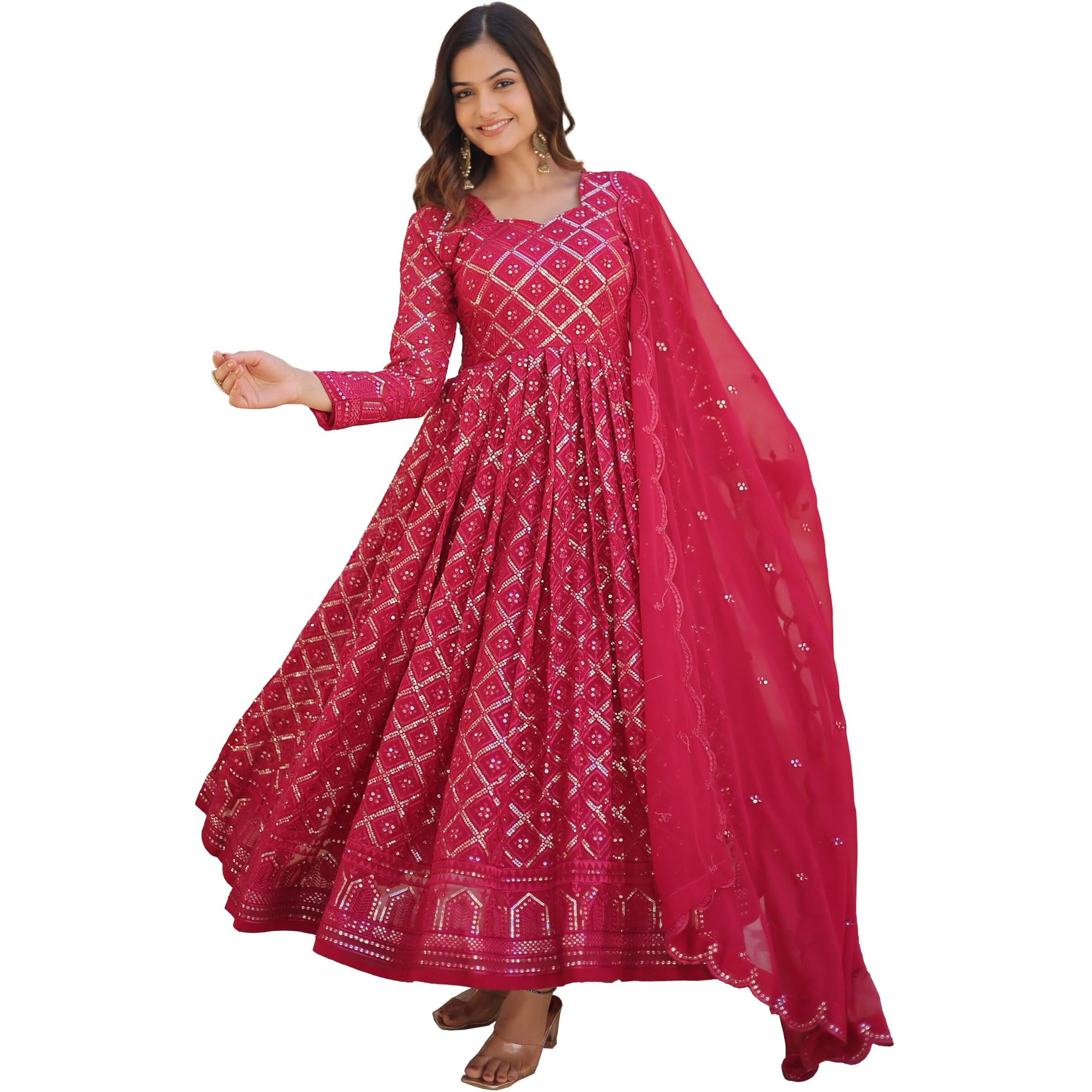 Wedani Georgette Sequins Embroidered Work Anarkali Kurta Set for Womens (in, Alpha, S, Regular, Pink)