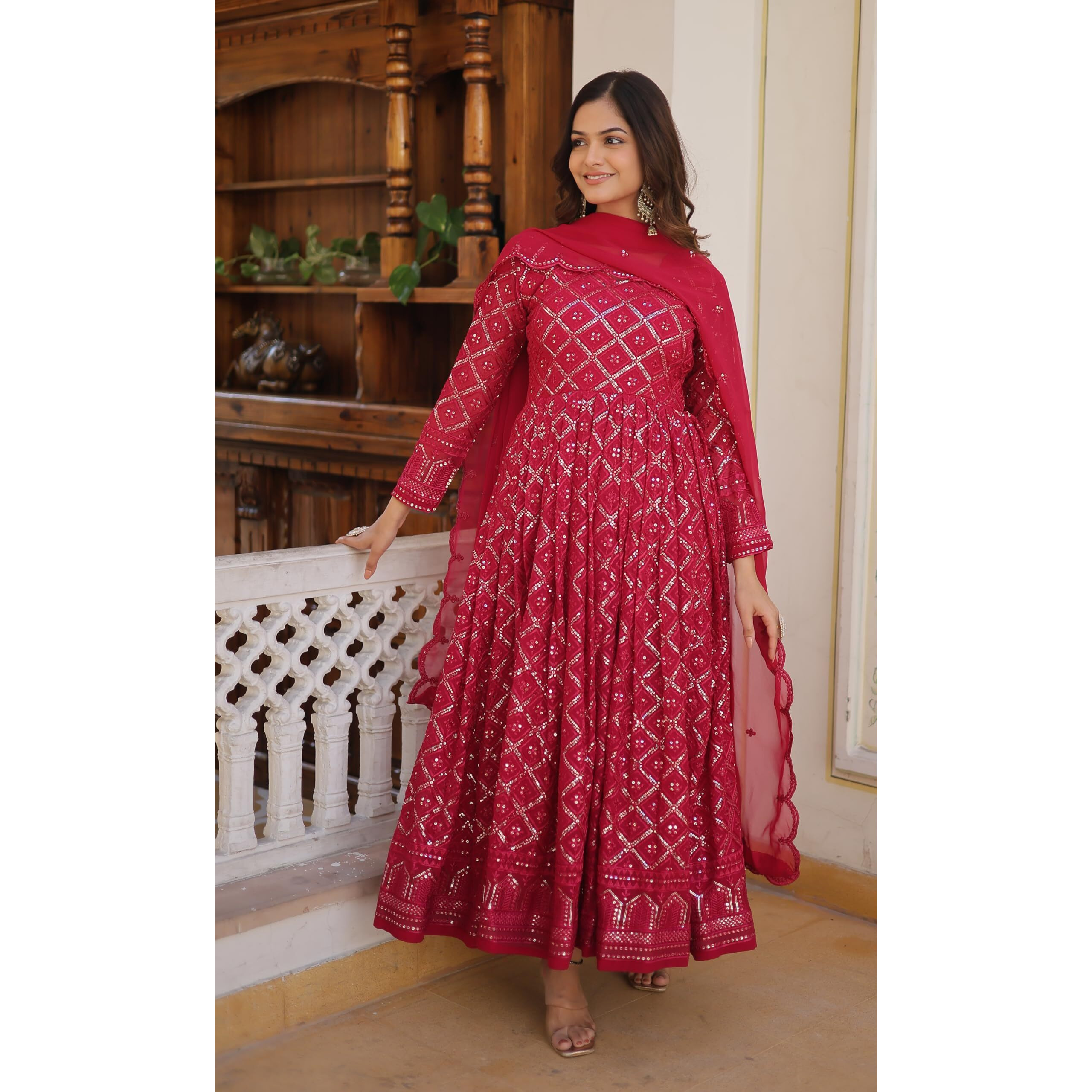 Wedani Georgette Sequins Embroidered Work Anarkali Kurta Set for Womens (in, Alpha, S, Regular, Pink)