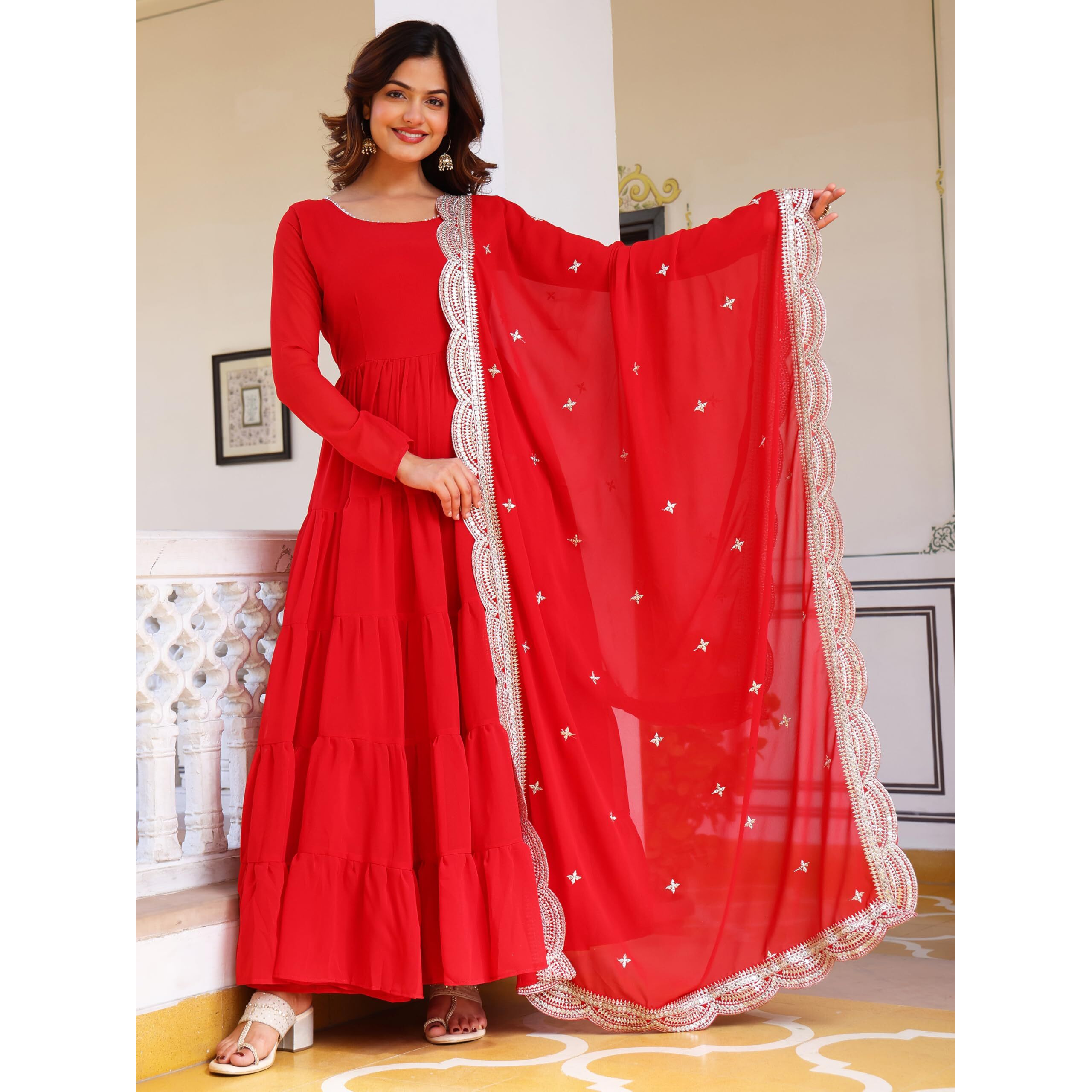 Wedani Georgette Sequins Work Anarkali Kurta Set for Women Red