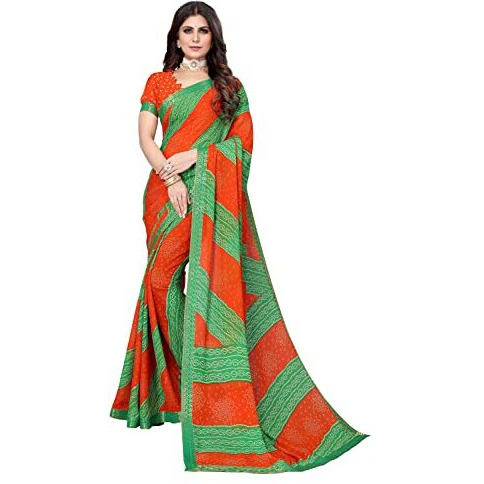 Yashika Women's Jacquard Polyester Printed Georgette Saree with Lace (Manya RED Parrot Green