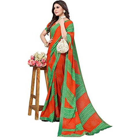 Yashika Women's Jacquard Polyester Printed Georgette Saree with Lace (Manya RED Parrot Green