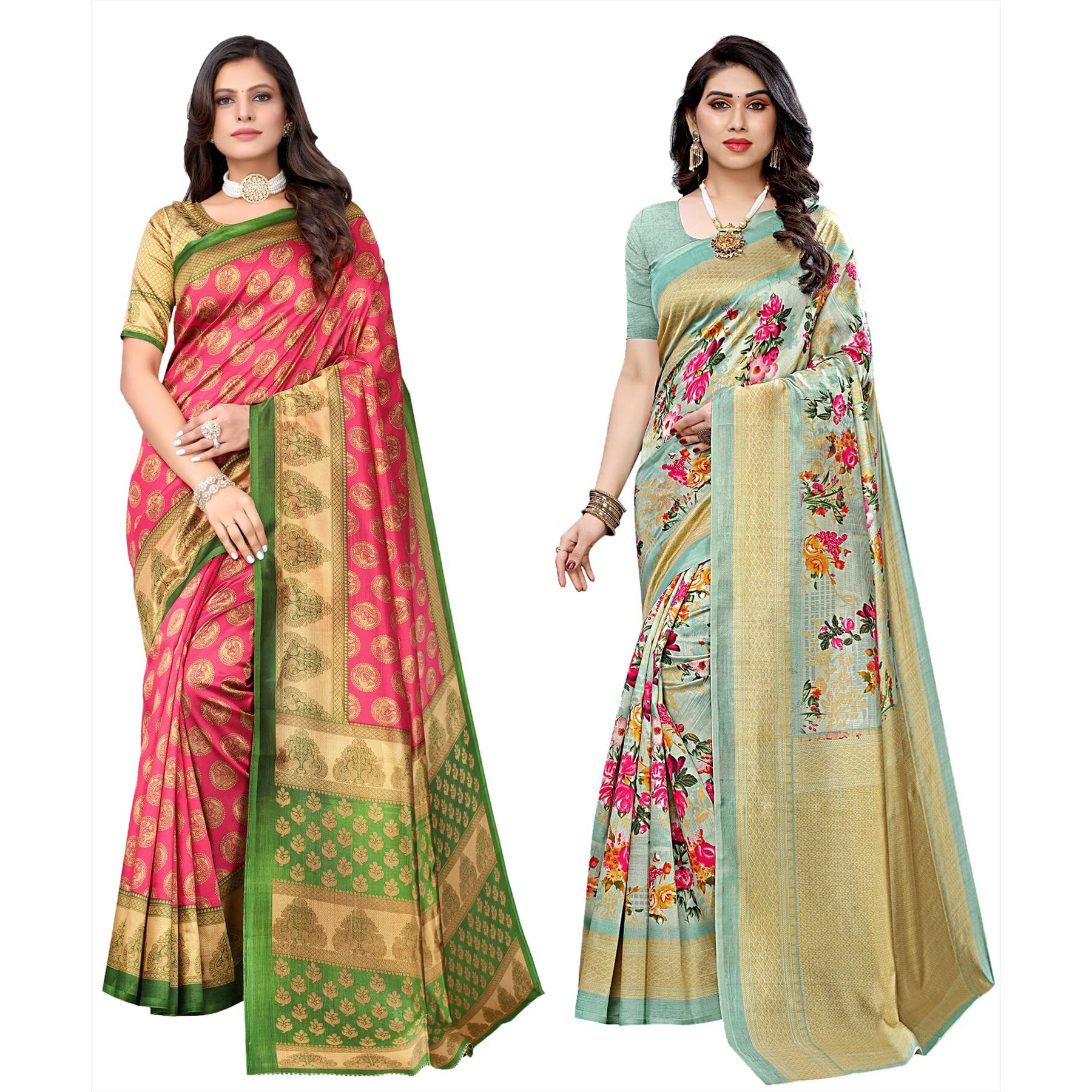 Yashika Women's Combo Art Silk Printed Saree With Blouse Piece Pack Of 2(ALIFA PINK-AIR LIGHT GREEN)