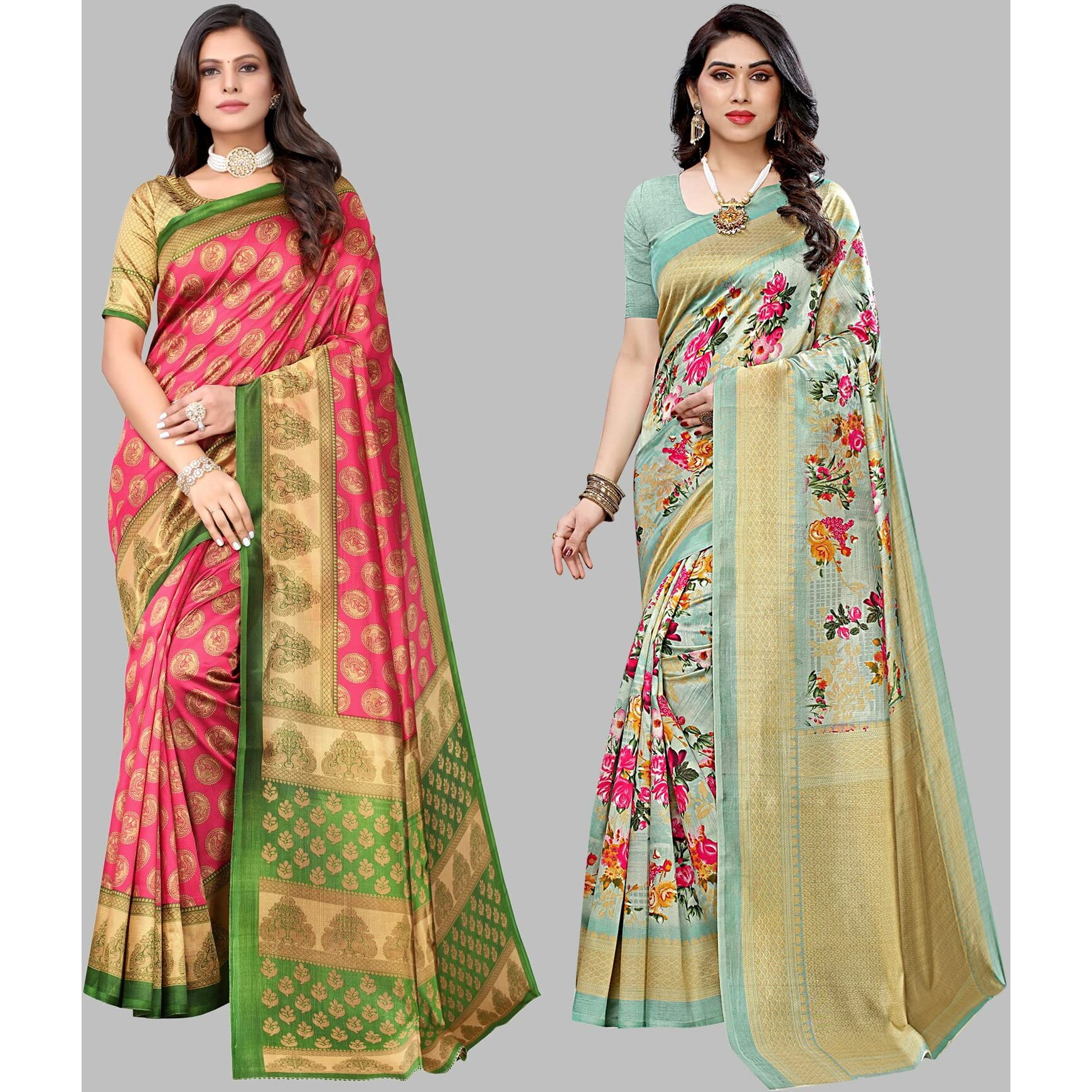 Yashika Women's Combo Art Silk Printed Saree With Blouse Piece Pack Of 2(ALIFA PINK-AIR LIGHT GREEN)