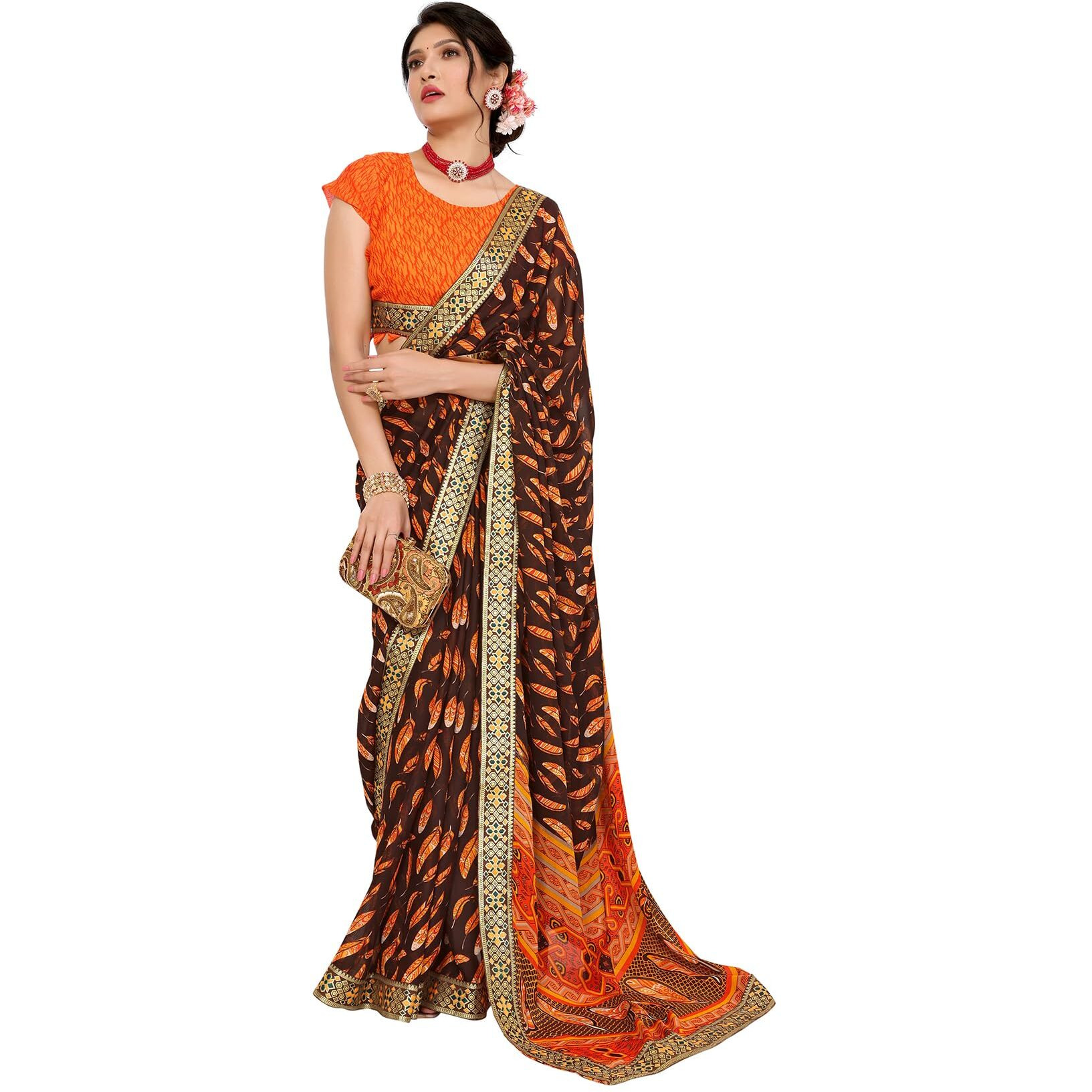 Yashika Women's Plain Leaf Print Georgette Saree with Lace and Unstitched Blouse Material (AZ-YS-P2-ANSUYA-PRANALI-PUNEETA-ZAVEDA-P_Orange)