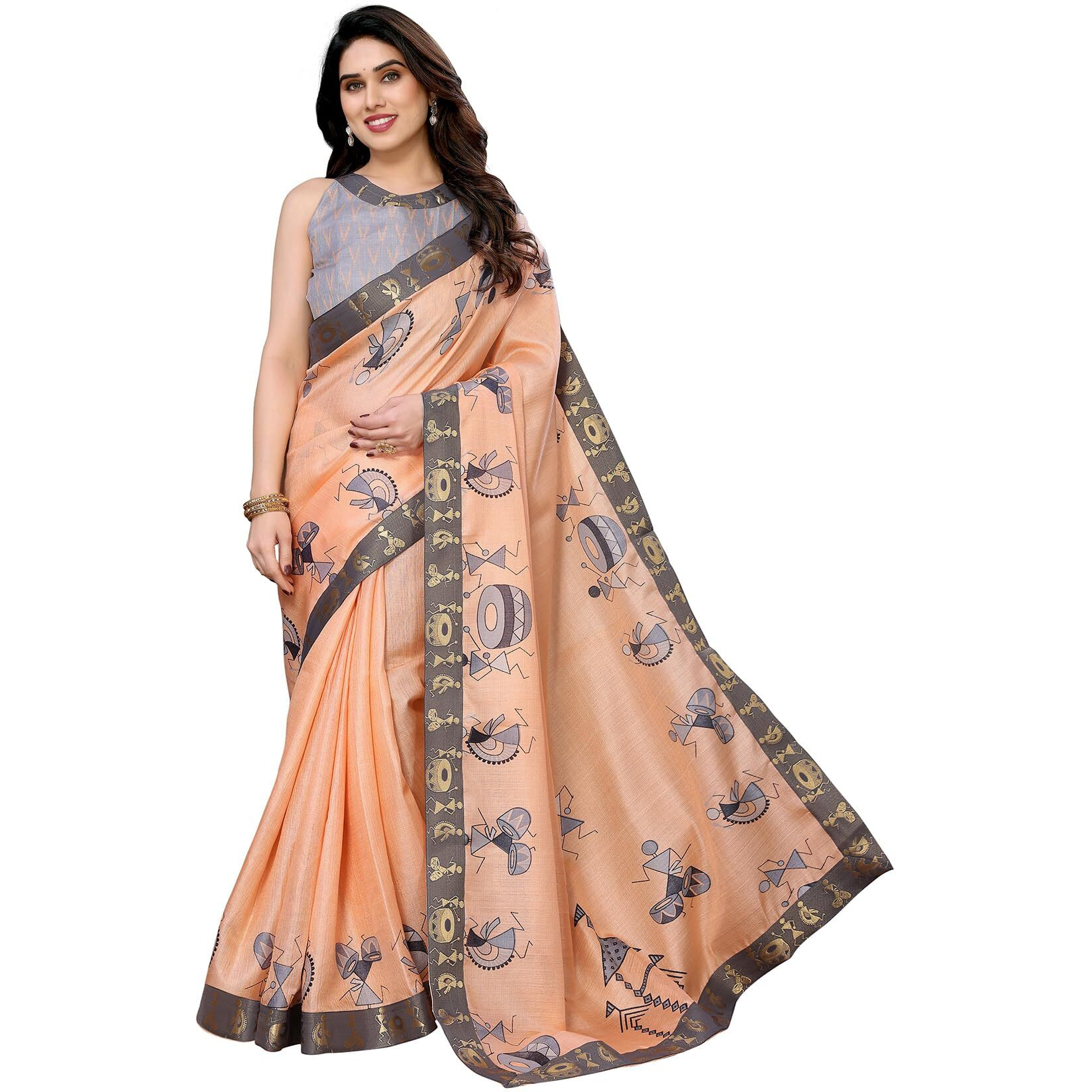 Yashika Women's Printed Kalamkari Art Silk Saree With Lace and Unstitched Blouse Material (AZ-YS-P1-DAMRU ORANGE LACE)