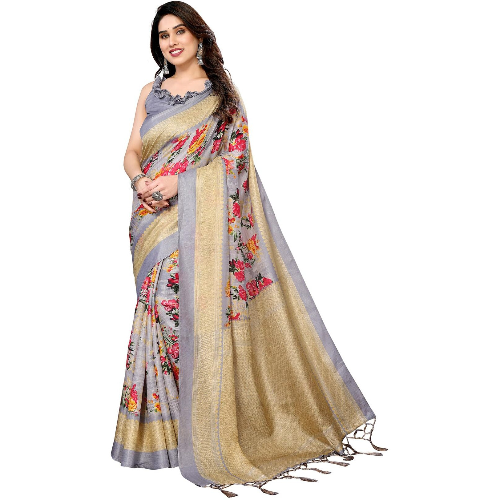 Yashika Women's Printed Kalamkari Art Silk Saree With Tassels and Unstitched Blouse Material (AZ-YS-P1-VAYU GREY JHALAR)