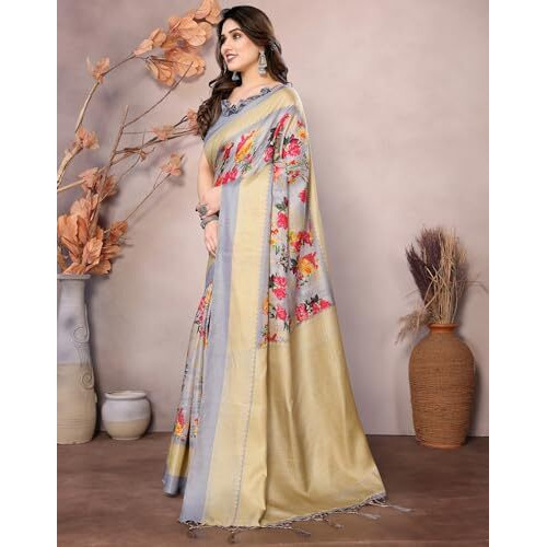 Yashika Women's Printed Kalamkari Art Silk Saree With Tassels and Unstitched Blouse Material (AZ-YS-P1-VAYU GREY JHALAR)