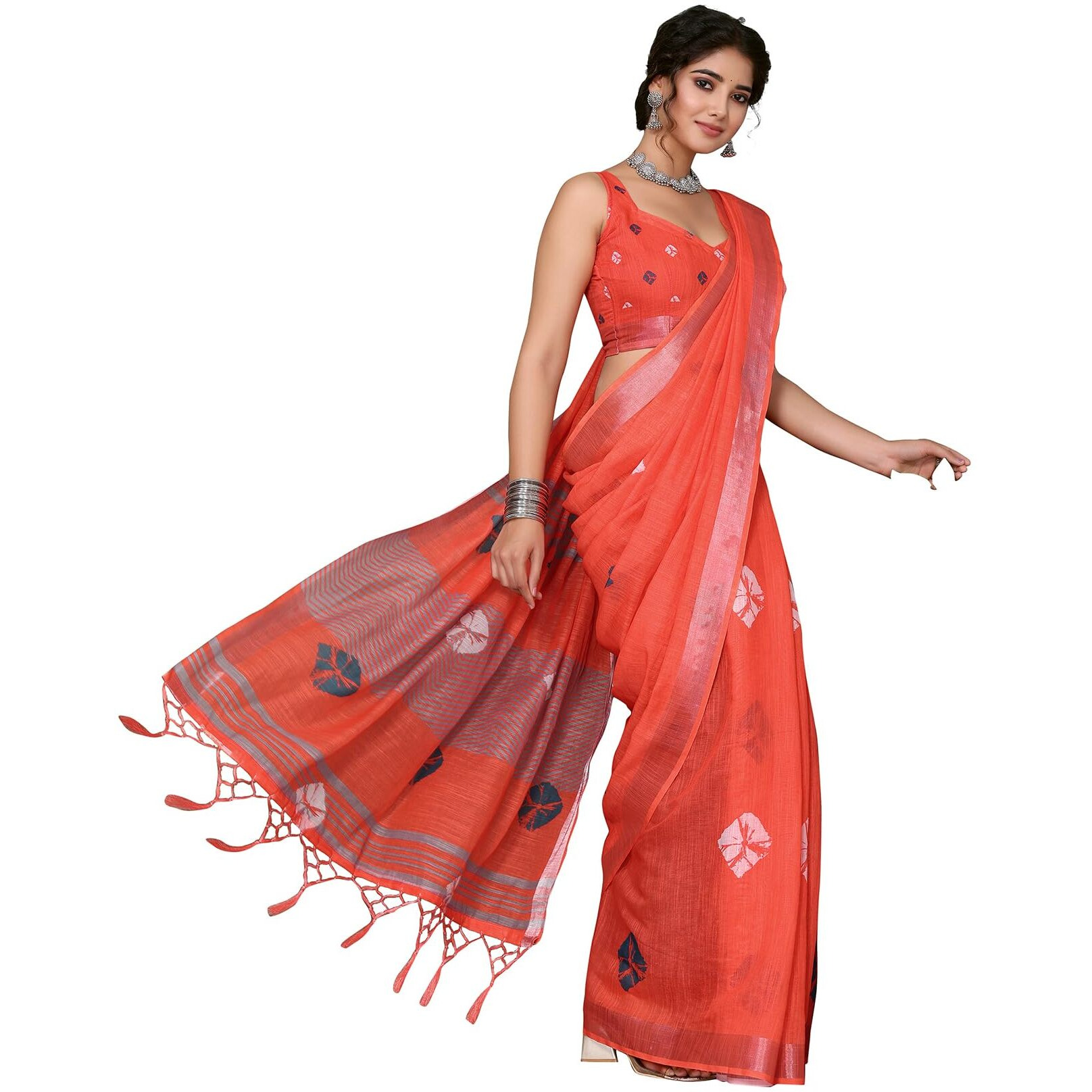 Yashika Women's Plain Digital Print Cotton Silk Blend Saree with Silver Weaving Border Tassels-Elegant Ethnic Wear for Festive and Casual Occasions (AZ-YS-P2-TIGER 01 to 06-Parent_Tiger 05-Red)