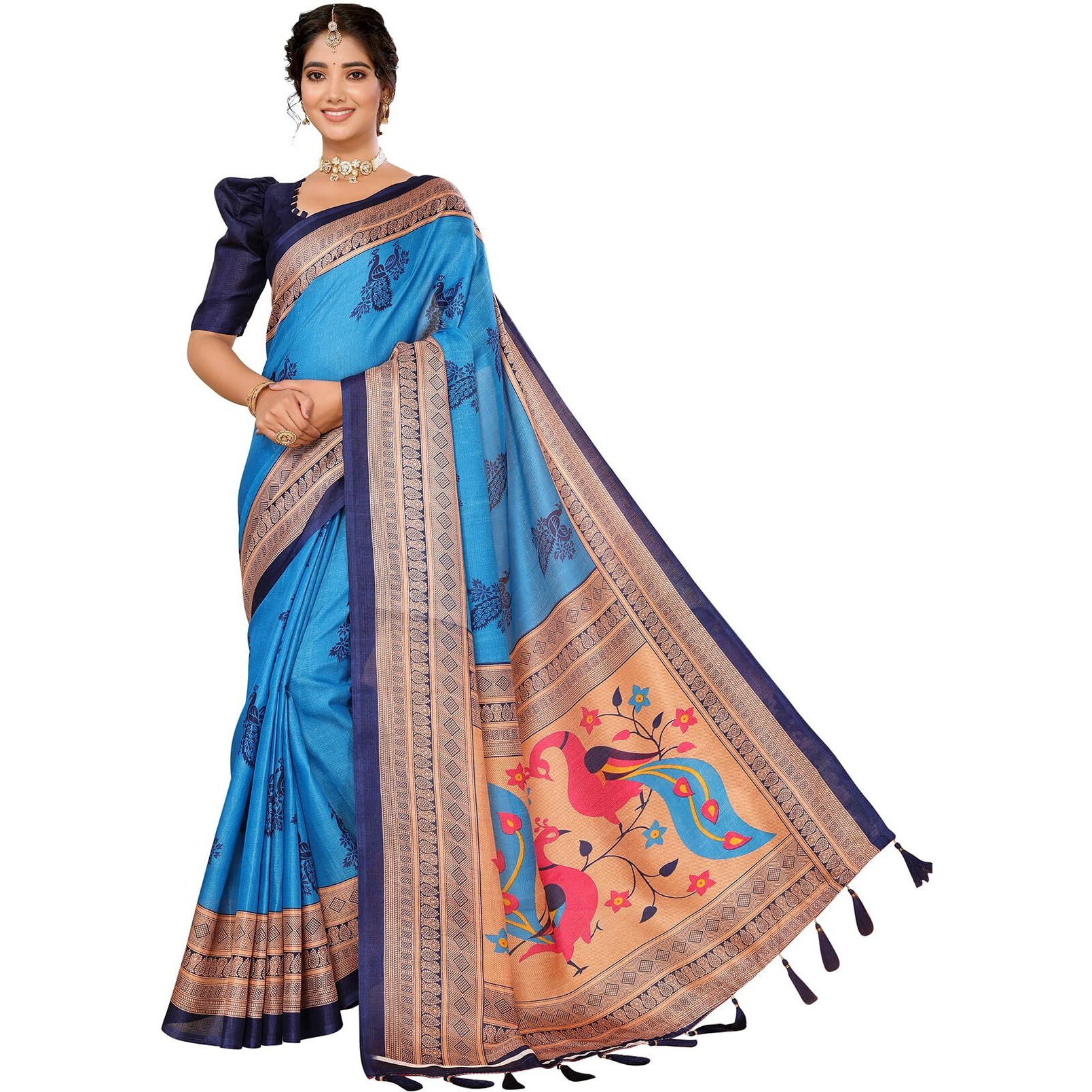 Yashika Women's Art Silk Printed with Tassels Unstitched Blouse Material Stylish Party Casual Wear Traditional Trendy Saree (AZ-YS-P1-KRIPA-Parent_Blue)
