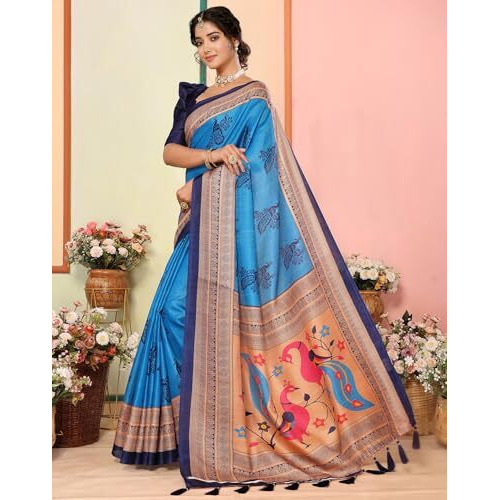 Yashika Women's Art Silk Printed with Tassels Unstitched Blouse Material Stylish Party Casual Wear Traditional Trendy Saree (AZ-YS-P1-KRIPA-Parent_Blue)