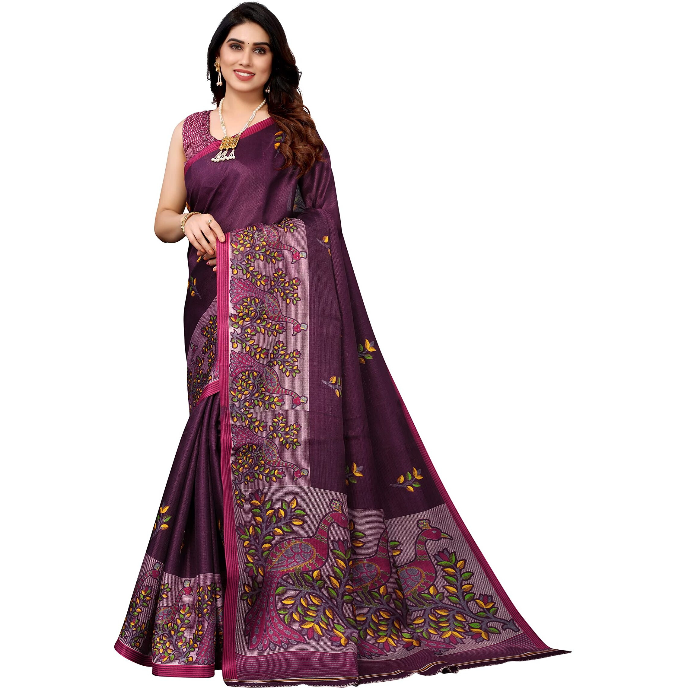 Yashika Womens Art Silk Printed Saree With Blouse Piece(UDITA PURPLE_Free Size)