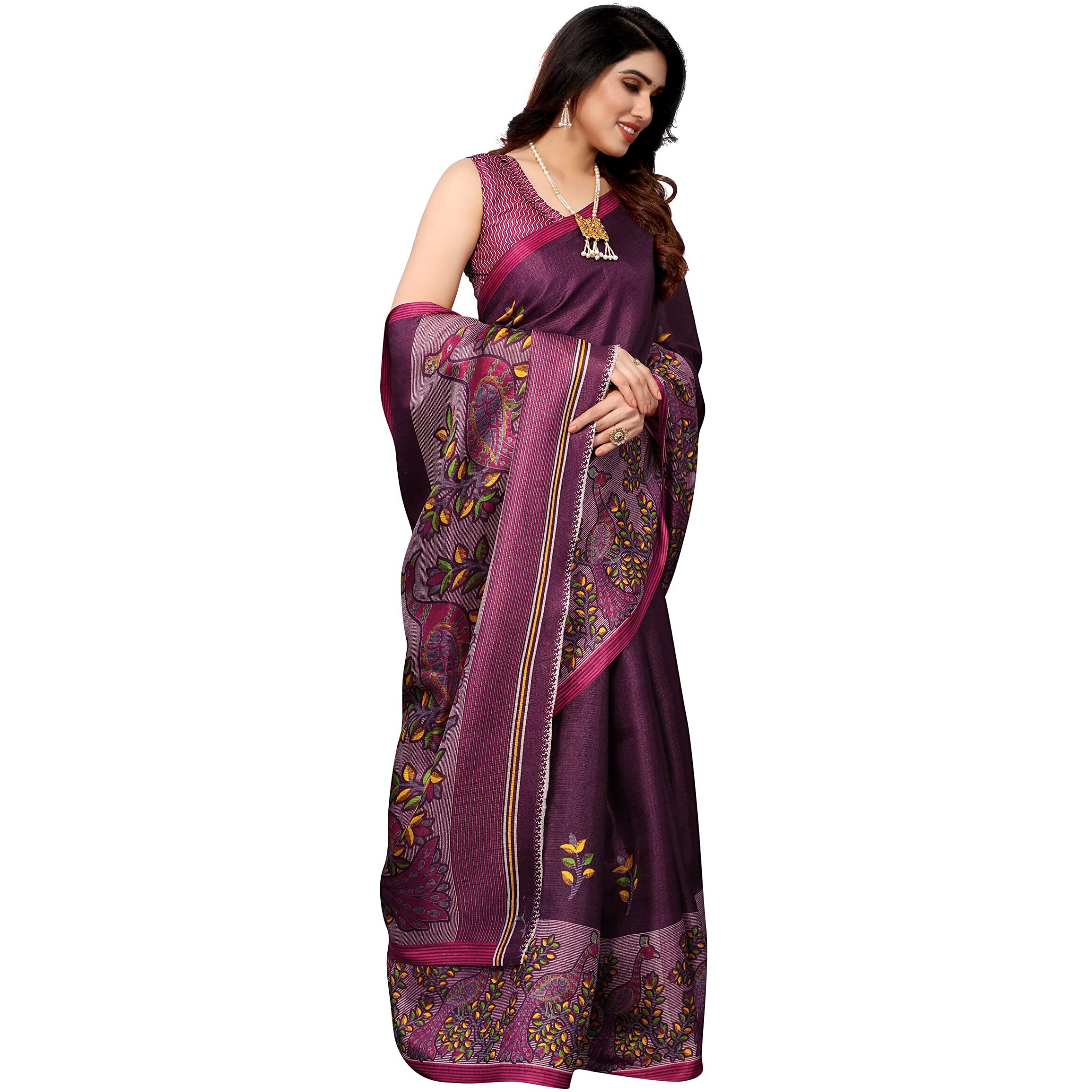 Yashika Womens Art Silk Printed Saree With Blouse Piece(UDITA PURPLE_Free Size)