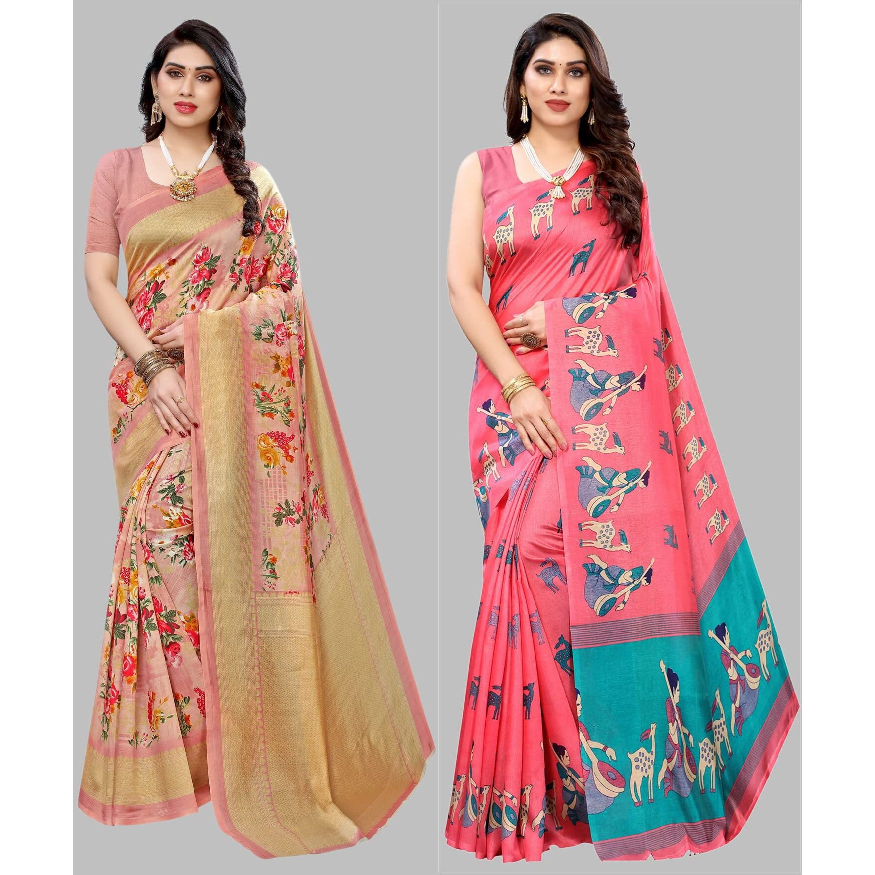 Yashika Women's Combo Art Silk Printed Saree With Blouse Piece Pack Of 2(AIR PEACH-MAITHALI PINK)