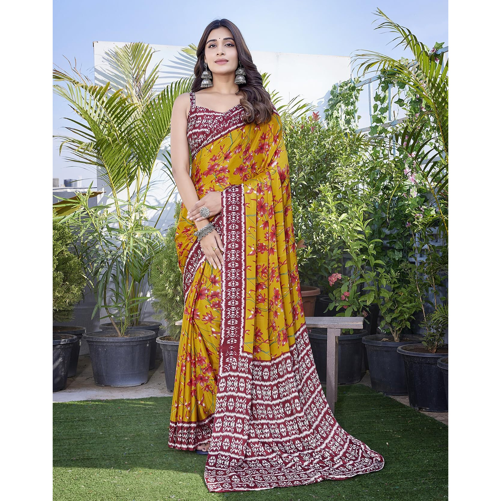 Yashika Women's Elegant Chiffon Saree Set with Blouse Piece Elevate your style with this chic chiffon saree ensemble. Perfect for trendsetting women (AZ-YS-P1-REENU YELLOW)