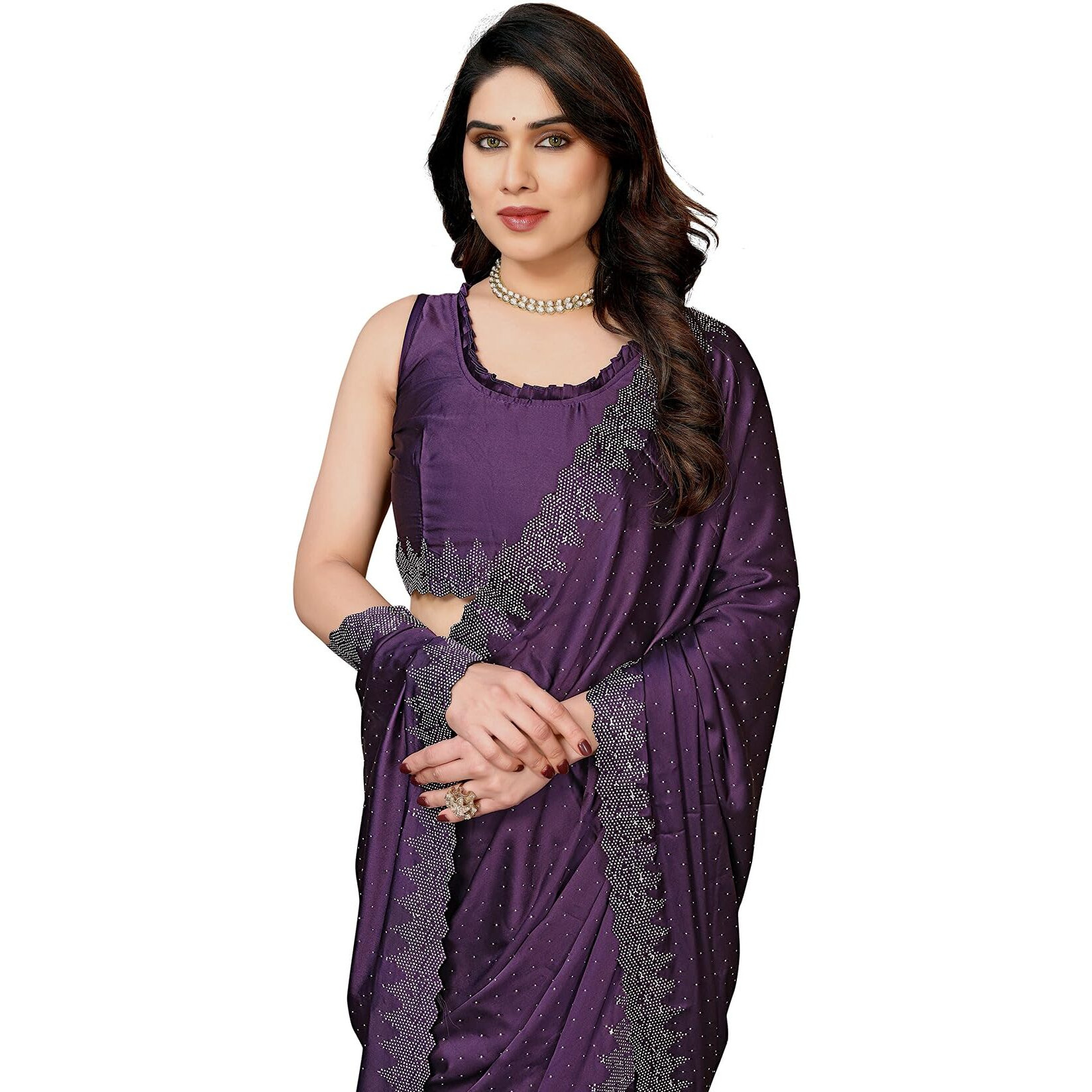 Yashika Women's Hot Fix Work and Solid Color Satin Moss Saree With Unstitched Blouse Material (AZ-YS-P3-PINTU PURPLE)