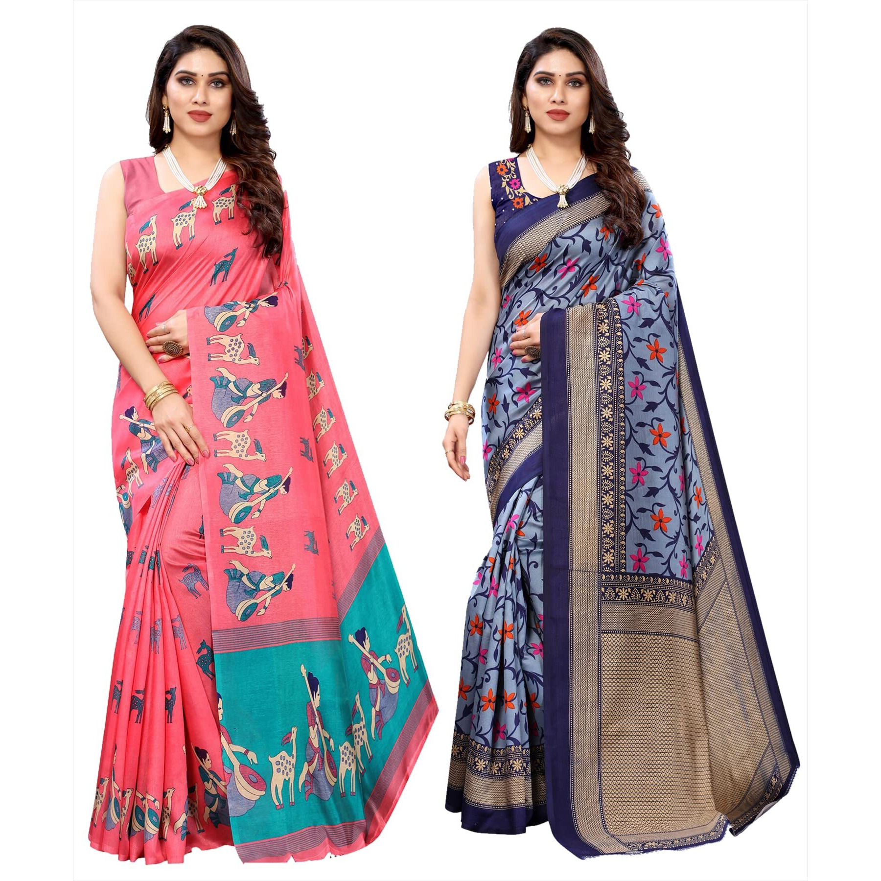 Yashika Women's Combo Art Silk Printed Saree With Blouse Piece Pack Of 2(MAITHALI PINK-SWATI NAVY)