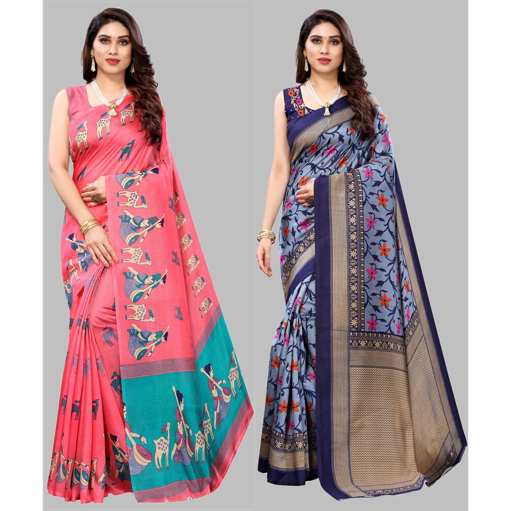 Yashika Women's Combo Art Silk Printed Saree With Blouse Piece Pack Of 2(MAITHALI PINK-SWATI NAVY)
