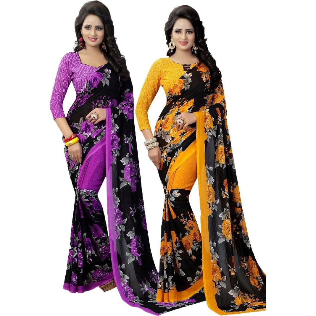 Yashika Women's Jacquard Pure Georgette Saree Combo Violet_Floral Yellow_Purple