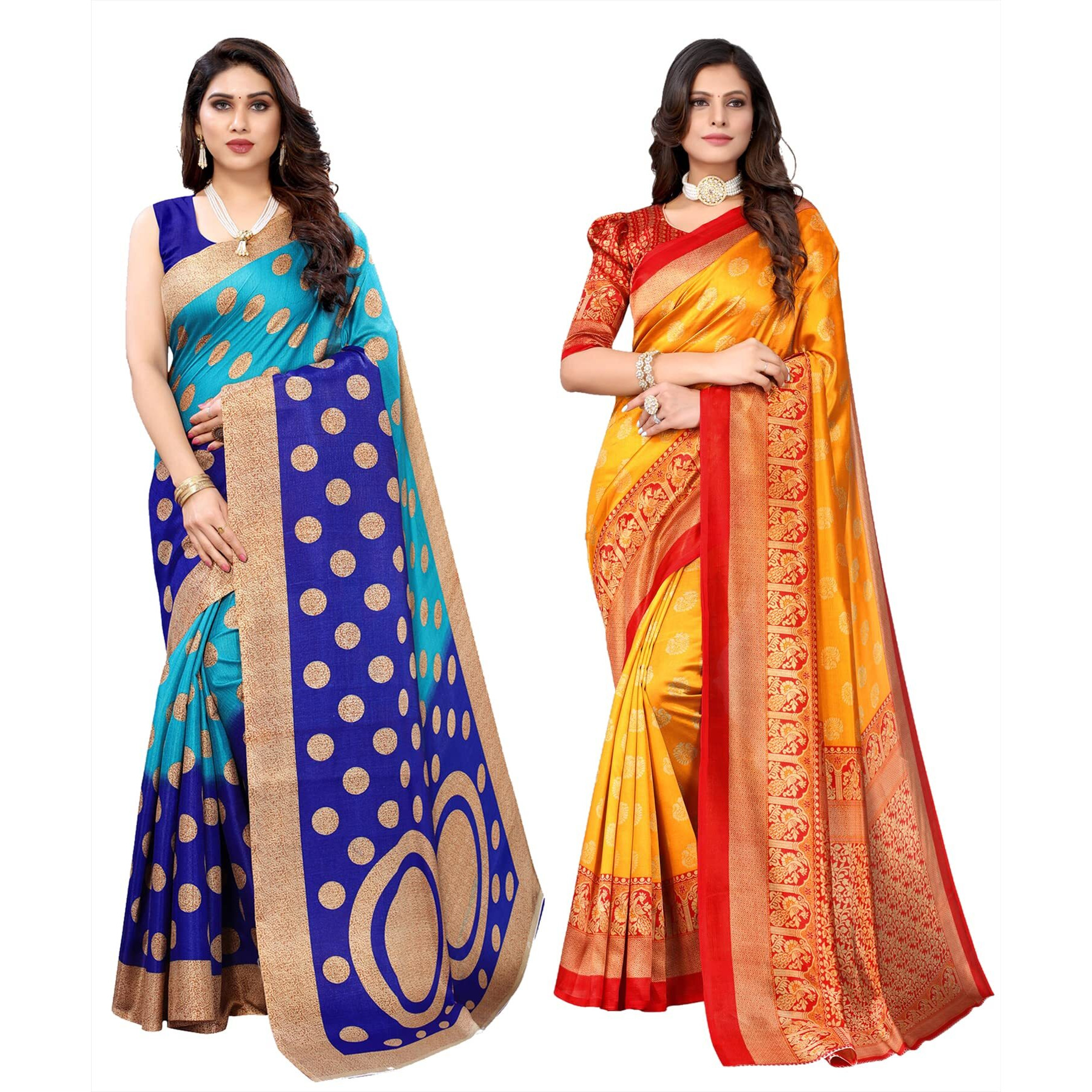 Yashika Women's Combo Art Silk Printed Saree With Blouse Piece Pack Of 2(KORA BLUE-MINALI MUSTARD)