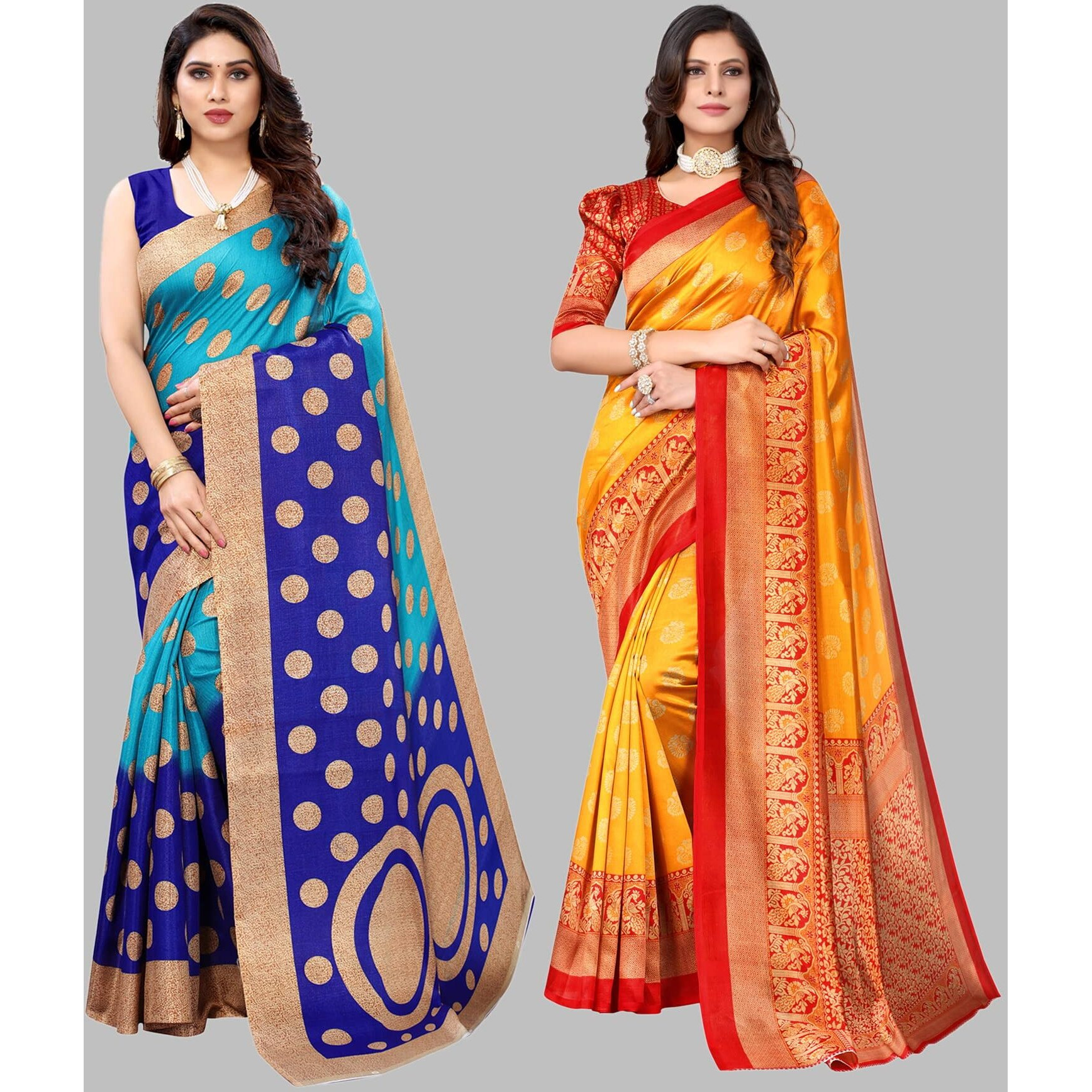 Yashika Women's Combo Art Silk Printed Saree With Blouse Piece Pack Of 2(KORA BLUE-MINALI MUSTARD)