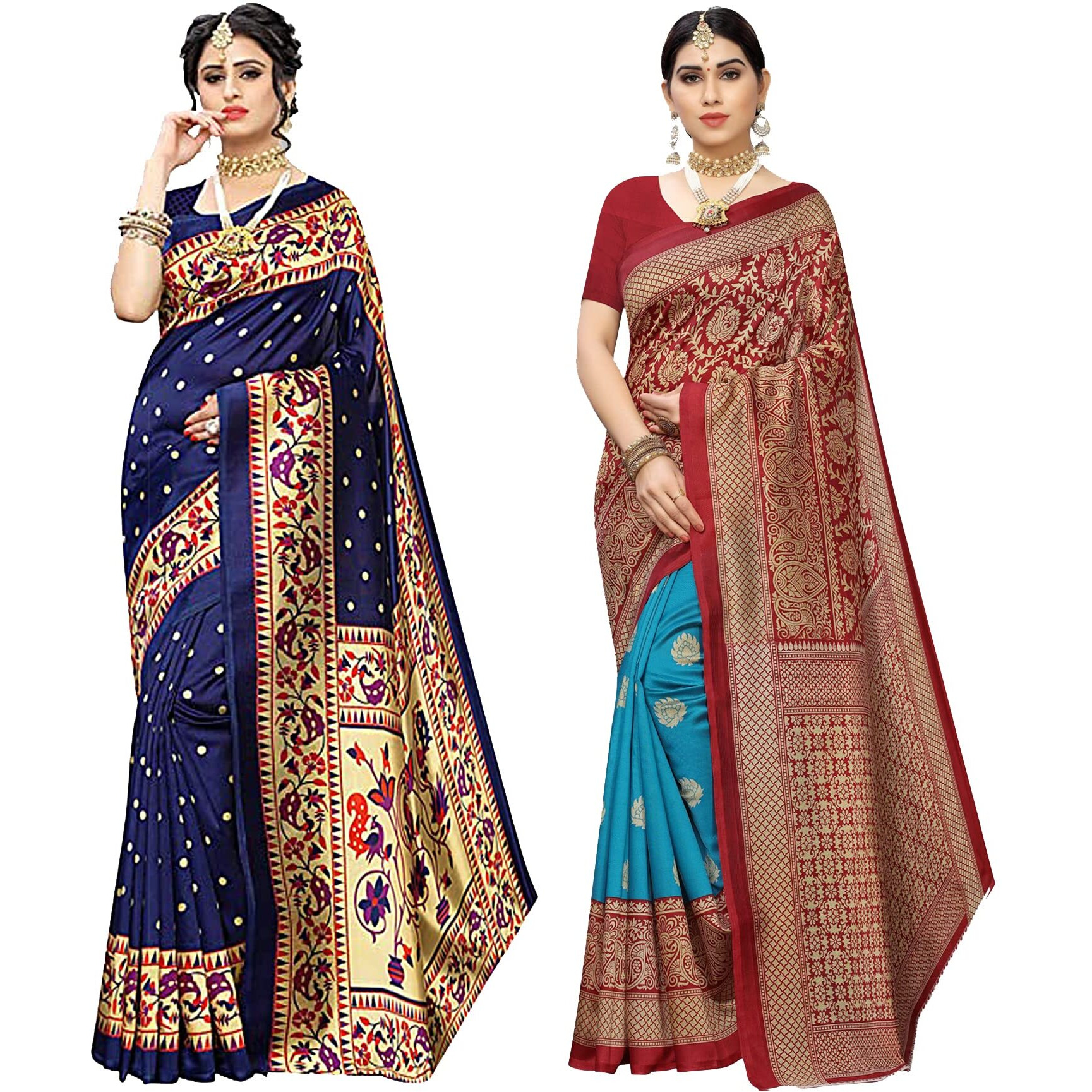 Yashika Women's Combo Art Silk Printed Saree With Blouse Piece Pack Of 10(MATWALI NAVY-METRO RAMA)