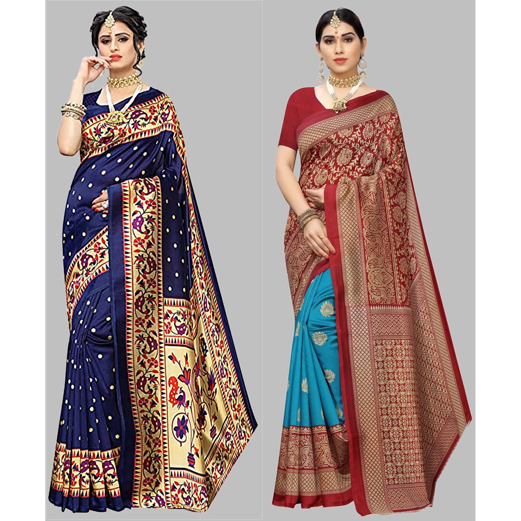 Yashika Women's Combo Art Silk Printed Saree With Blouse Piece Pack Of 10(MATWALI NAVY-METRO RAMA)