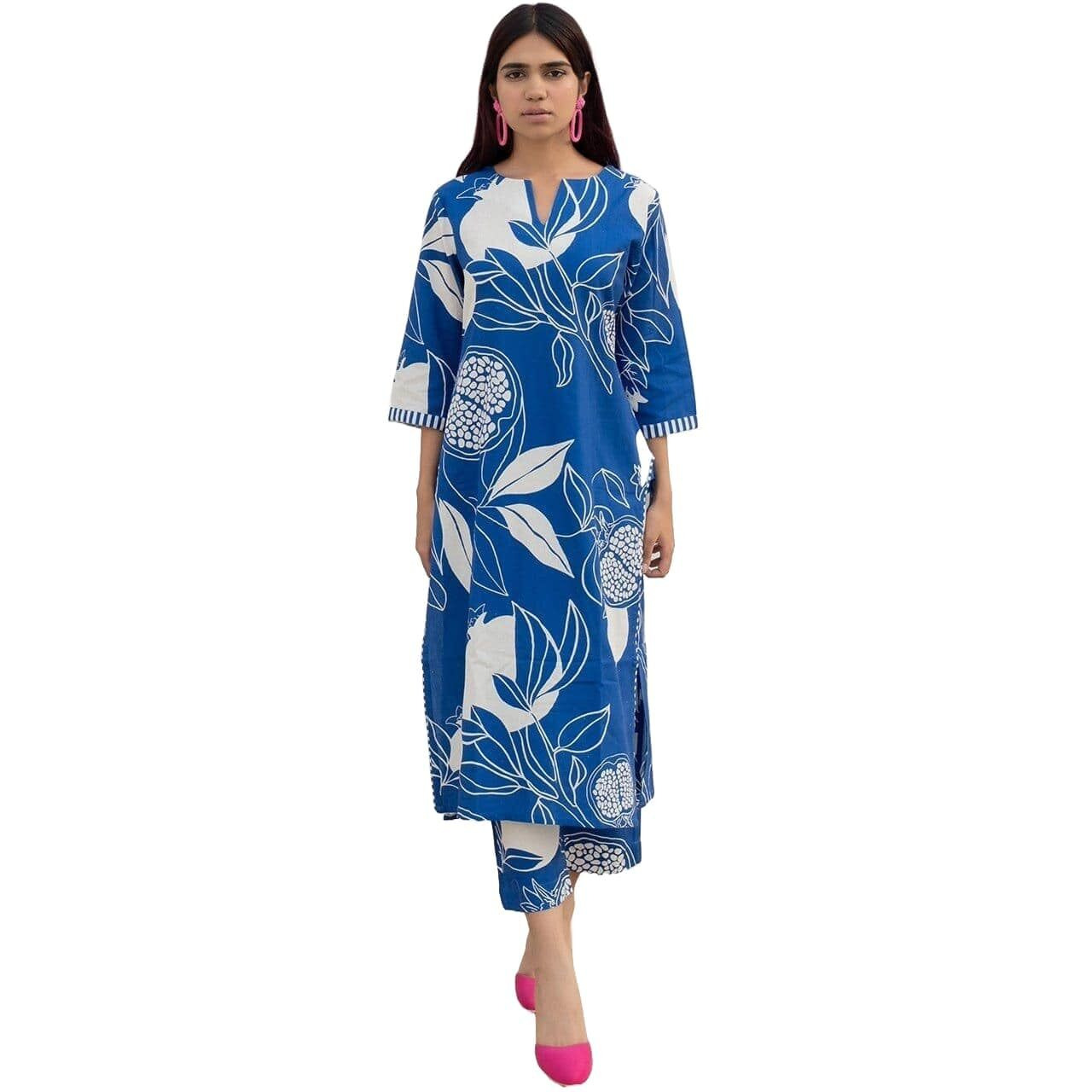 Yashika Women's Floral Regular Kurta Timeless Beauty a Contemporary Twist Radiate Elegance with Our Cotton Blend Printed Kurti Pant Sets (AZ-YS-OG-KS2144-Parent_Blue_L)