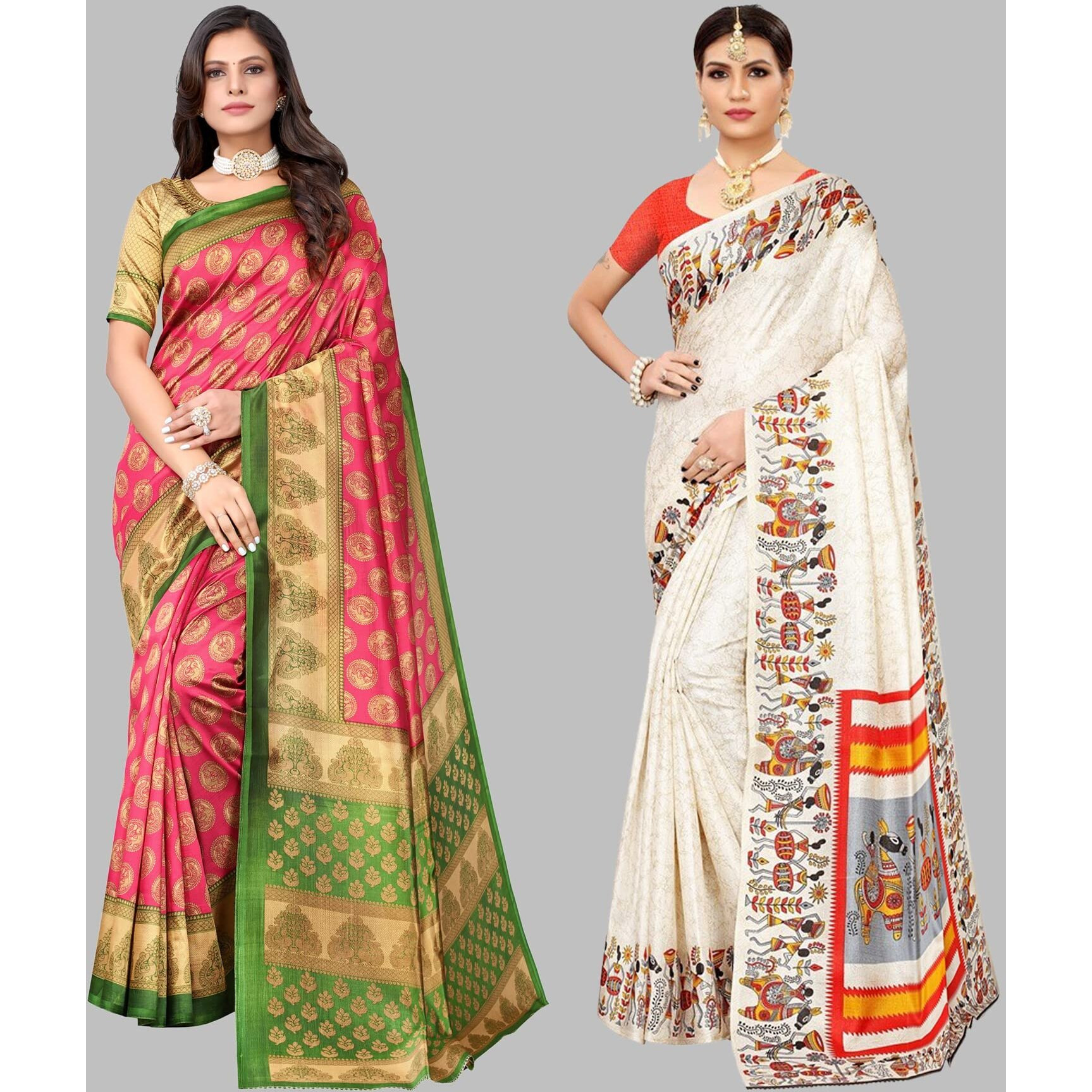 Yashika Women's Combo Art Silk Printed Saree With Blouse Piece Pack Of 2(ALIFA PINK-VIVO ORANGE)