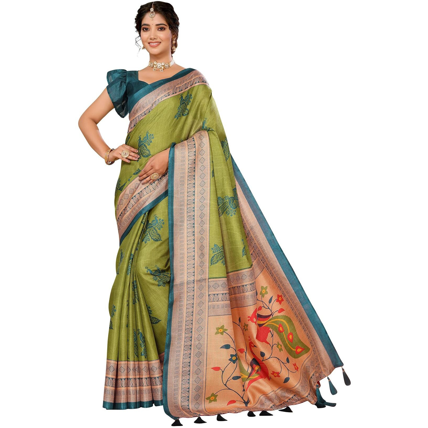 Yashika Women's Art Silk Printed with Tassels Unstitched Blouse Material Stylish Party Casual Wear Traditional Trendy Saree (AZ-YS-P1-KRIPA-Parent_Mahendi)