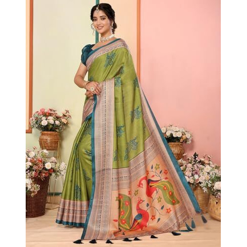 Yashika Women's Art Silk Printed with Tassels Unstitched Blouse Material Stylish Party Casual Wear Traditional Trendy Saree (AZ-YS-P1-KRIPA-Parent_Mahendi)