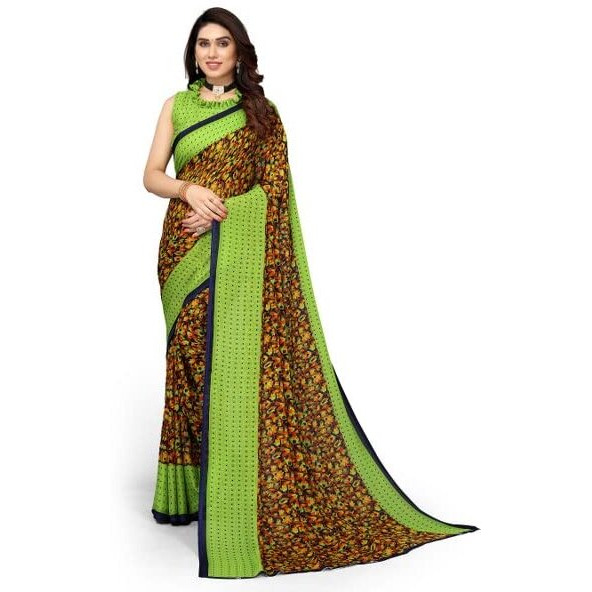 Yashika Womens Georgette Printed Saree With Blouse Piece(NAMRATA PARROT GREEN_N_Free Size)