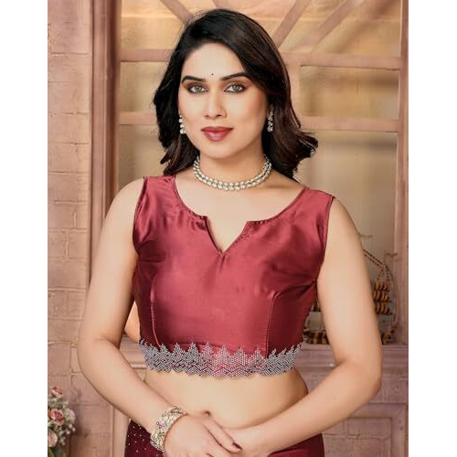 Yashika Women's Hot Fix Work and Solid Color Satin Moss Saree With Unstitched Blouse Material (AZ-YS-P2-PINTU MAROON)
