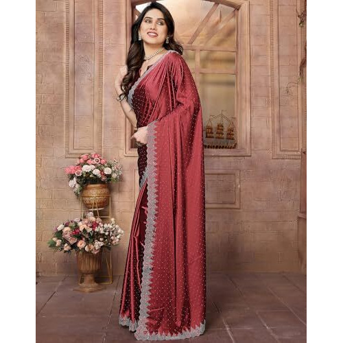 Yashika Women's Hot Fix Work and Solid Color Satin Moss Saree With Unstitched Blouse Material (AZ-YS-P2-PINTU MAROON)