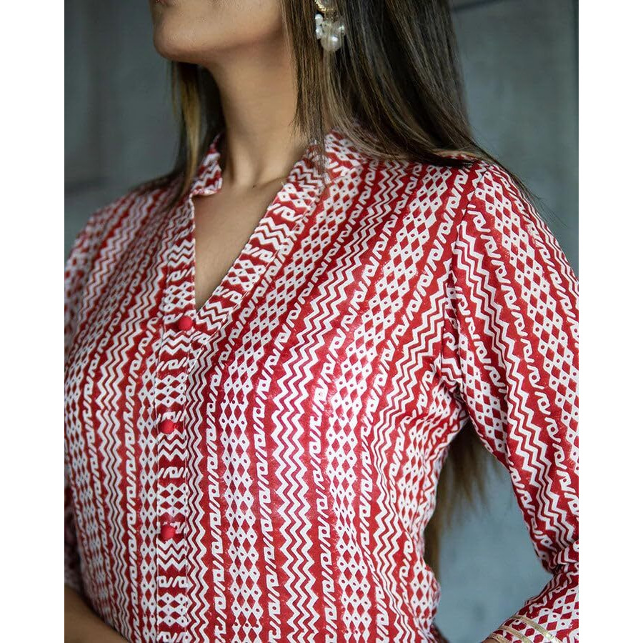 Yashika Floral Regular Kurta Trendy Tradition for Today's Women Stay On-Trend Yet Traditional with Our Cotton Blend Printed Kurti Pant Sets (AZ-YS-OG-KS2147-Parent_Red_S)