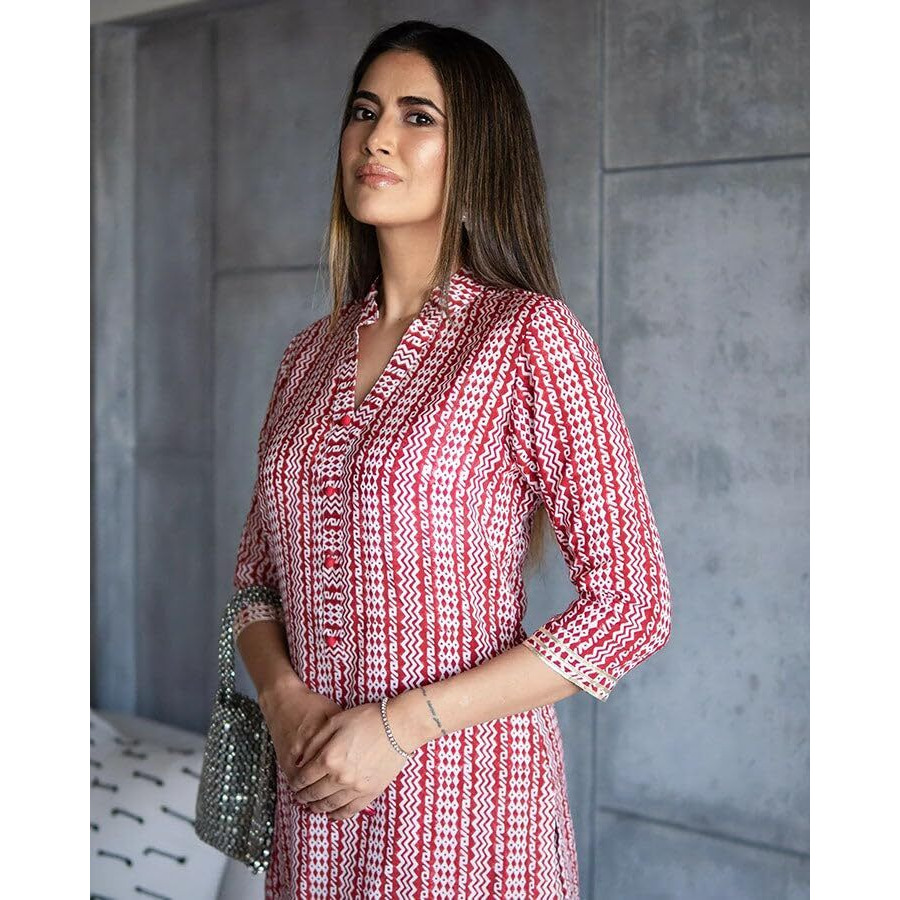 Yashika Floral Regular Kurta Trendy Tradition for Today's Women Stay On-Trend Yet Traditional with Our Cotton Blend Printed Kurti Pant Sets (AZ-YS-OG-KS2147-Parent_Red_S)