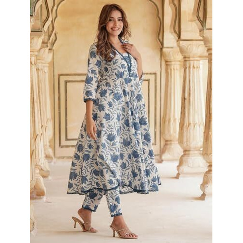 Yashika Floral Regular Printed Cotton Blend A-line Kurta Pant Dupatta Set with Lace-Elegant Ethnic Wear Women-Perfect for Casual and Festive Occasions (AZ-YS-OG-KS2114-Parent_Blue