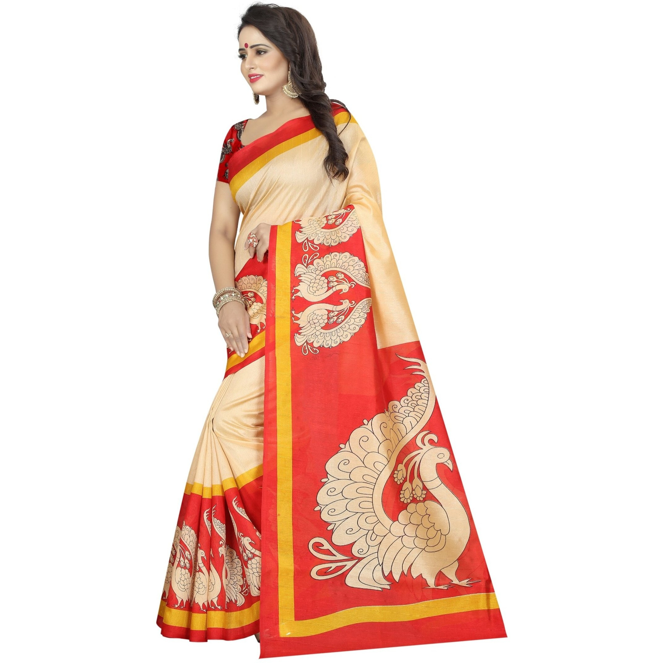 Yashika women's art silk kalamkari and bhagalpuri style saree with blouse piece (Multi-Color_Free_Size) SDPL-NILKANTH RED