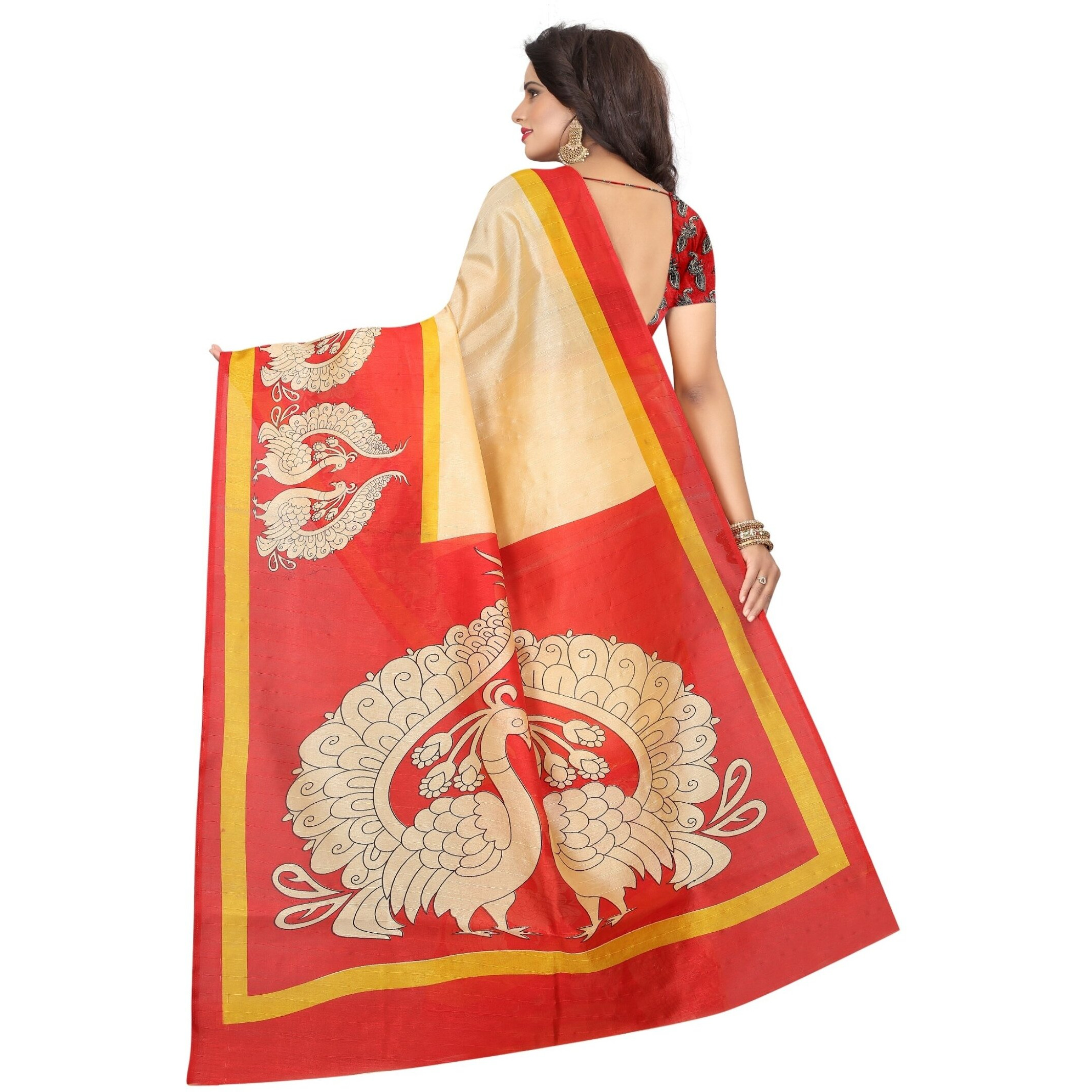 Yashika women's art silk kalamkari and bhagalpuri style saree with blouse piece (Multi-Color_Free_Size) SDPL-NILKANTH RED