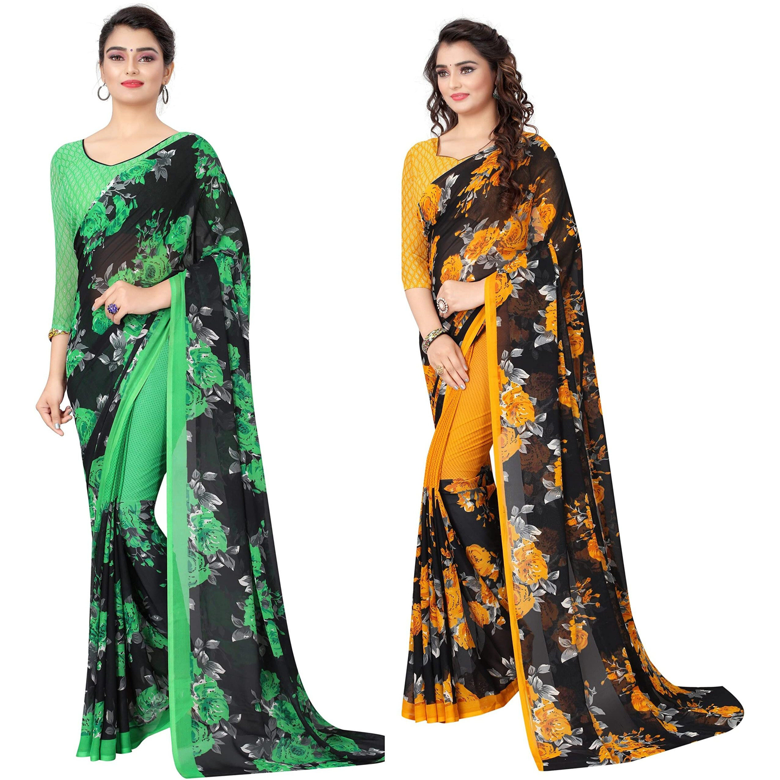 Yashika Women's Pure Georgette Saree Combo Green_Floral Yellow