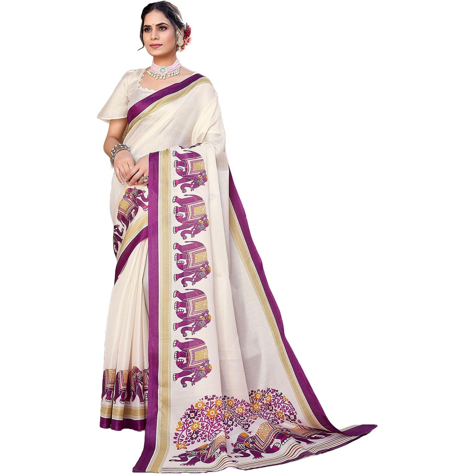 Yashika Women's Art Silk Saree Printed Saree With Unstitched Blouse Material - Suitable For All Indian Occasions and Festivals (AZ-YS-OG-KALAMKARI 11 PURPLE)