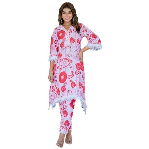 Yashika Solid Regular Printed Cotton Blend Straight Kurta Pant Set with Lace-Comfortable Ethnic Wear Women, Elegant Design, Suitable for Various Occasions (AZ-YS-P1-KS2118 RED-L