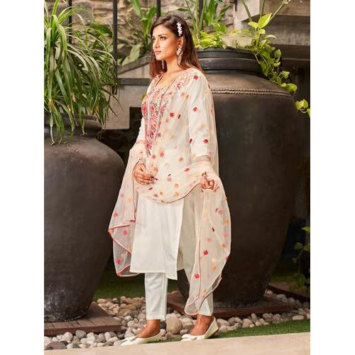 Yashika Women's Embroidered Cotton Kurta Set This Elegant Ensemble for Special & Casual Wear, Includes a Straight Kurta, Pants & Dupatta - a Perfect Blend of Style & Comfort (AZ-YS-OG-KS2103-XXL)
