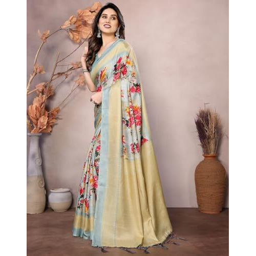 Yashika Women's Printed Kalamkari Art Silk Saree With Tassels and Unstitched Blouse Material (AZ-YS-P1-VAYU LIGHT GREEN JHALAR)